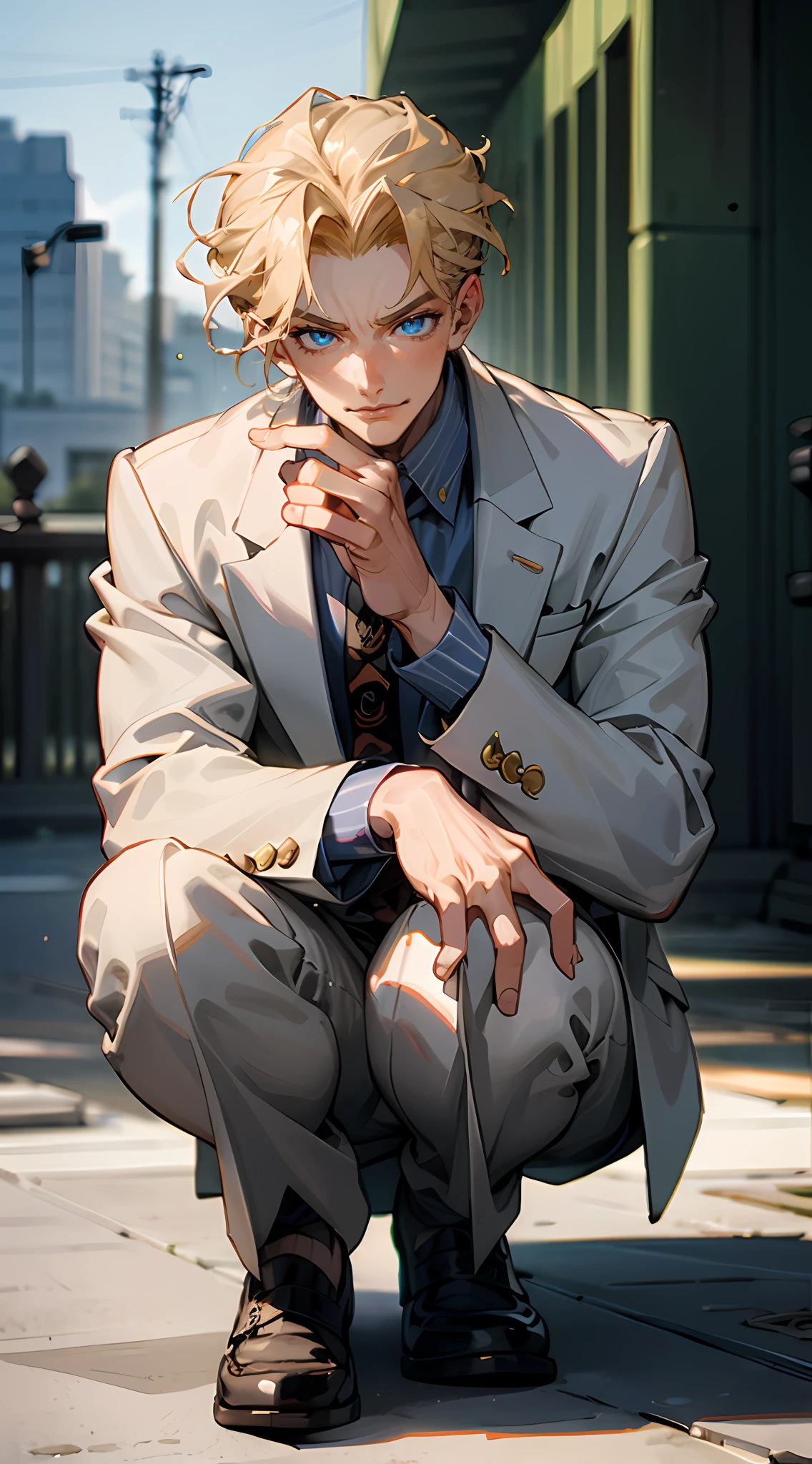 kirayoshikage, kira yoshikage, 1boy, blonde hair, short hair, mature male, cheekbones, blue eyes,
BREAK belt, formal, necktie, shoes, suit, white suit
BREAK looking at viewer, smirking
BREAK outdoors, park,
BREAK (masterpiece:1.2), best quality, high resolution, unity 8k wallpaper, (illustration:0.8), (beautiful detailed eyes:1.6), extremely detailed face, perfect lighting, extremely detailed CG, (perfect hands, perfect anatomy), squatting