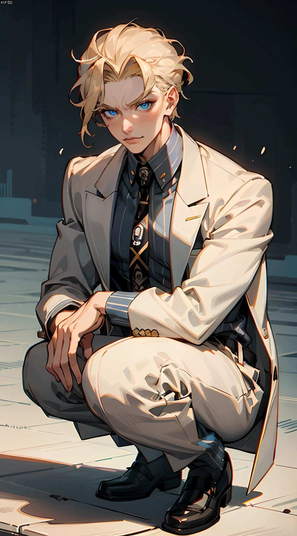 kirayoshikage, kira yoshikage, 1boy, blonde hair, short hair, mature male, cheekbones, blue eyes,
BREAK belt, formal, necktie, shoes, suit, white suit
BREAK looking at viewer, smirking
BREAK outdoors, park,
BREAK (masterpiece:1.2), best quality, high resolution, unity 8k wallpaper, (illustration:0.8), (beautiful detailed eyes:1.6), extremely detailed face, perfect lighting, extremely detailed CG, (perfect hands, perfect anatomy), squatting