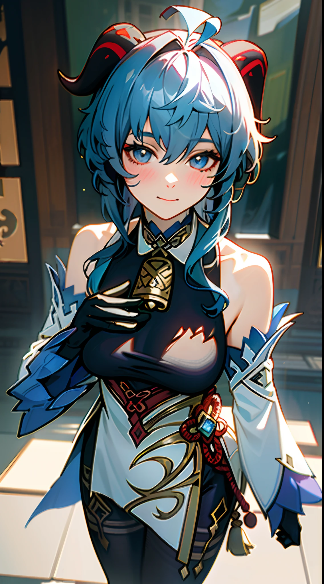 Busty girl with blue hair and exotic clothes
