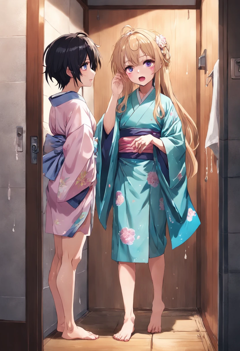 ​masterpiece、top-quality、1 women's teenager、Stand in front of the toilet、crying how bright、tears、(Adult woman is watching 0：1)Cross-dressing boy with long hair and kimono、One transvestite boy is taken to the bathroom、Look away、Standing、embarrassed from、blushing、Keep your mouth shut、a street(Cross-dressing boy is peeing):0.4)Puddle of water underfoot、Wet legs、Leaking、