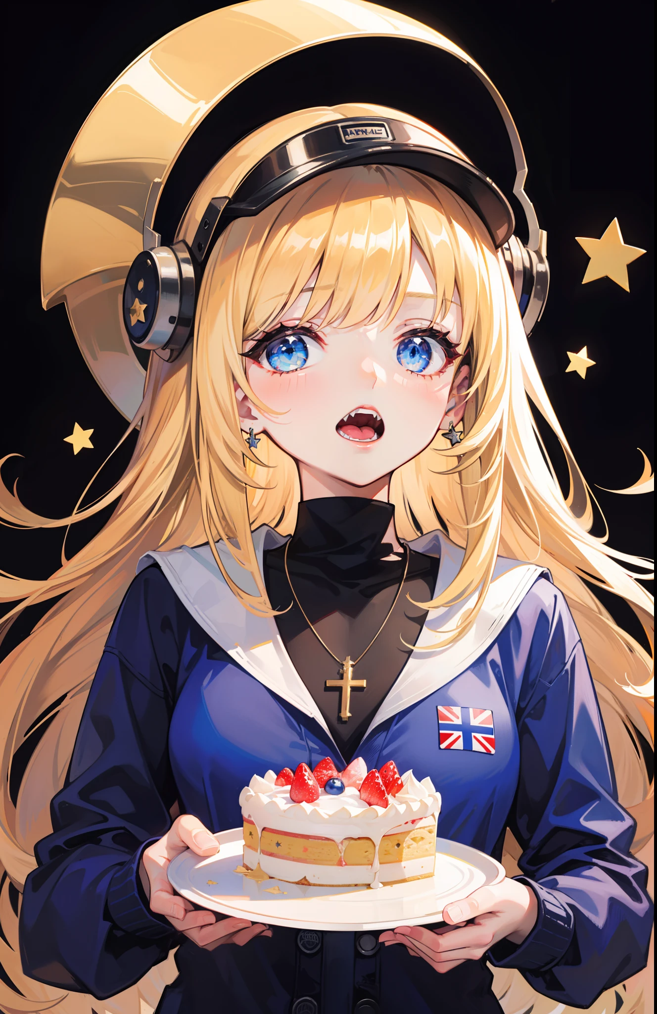 1girl,american_flag,black_background,blonde_hair,blue_eyes,cake,cross,cup,food,helmet,jewelry,long_sleeves,necklace,open_mouth,plate,sharp_teeth,solo,star_(symbol),teeth,transparent_background,union_jack,visor_cap