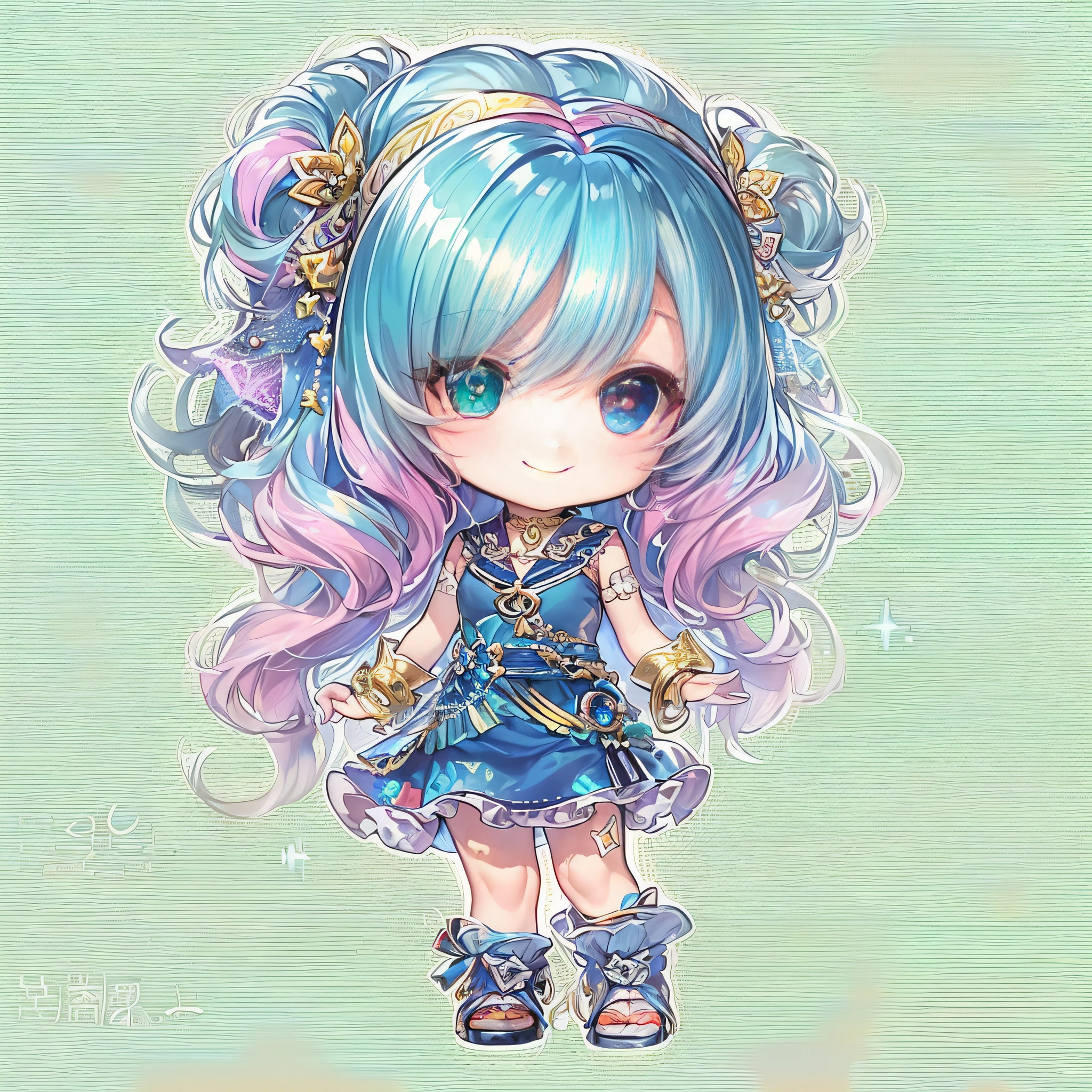 (Chibi:1.5)((masutepiece, of the highest quality, Watercolor art (Pendants), Beautiful and aesthetic: 1.2)), (Golden ratio: 1.2), (Full body: 1.2), (Super Detail: 1.3), (1 girl in: 1.3), (Fractal Art: 1.3), (Glitter Pupil)),(eye glass:1.5) ,(Iridescent hair, Colorful hair, Half light blue and half pink hair: 1.2)),  (Heterochromia), (Colorful: 1.5), (((Shy face)),  (full body Esbian), (Hyper-detailing), ((delicate detail)), (intricate-detail), ((Cinematic Light, Highest quality backlight)), High contrast, ((The best lighting, Very delicate and beautiful)), (( Cinematic Light)), (ray trace reflection, Glow), (((glowing aura)), ((Glowing hair)), ((Super Detail)), (8K)), ((a closeup)),  ((Seductive smile)) ,((FULL BODYSHOT))、(Chibi:1.5)