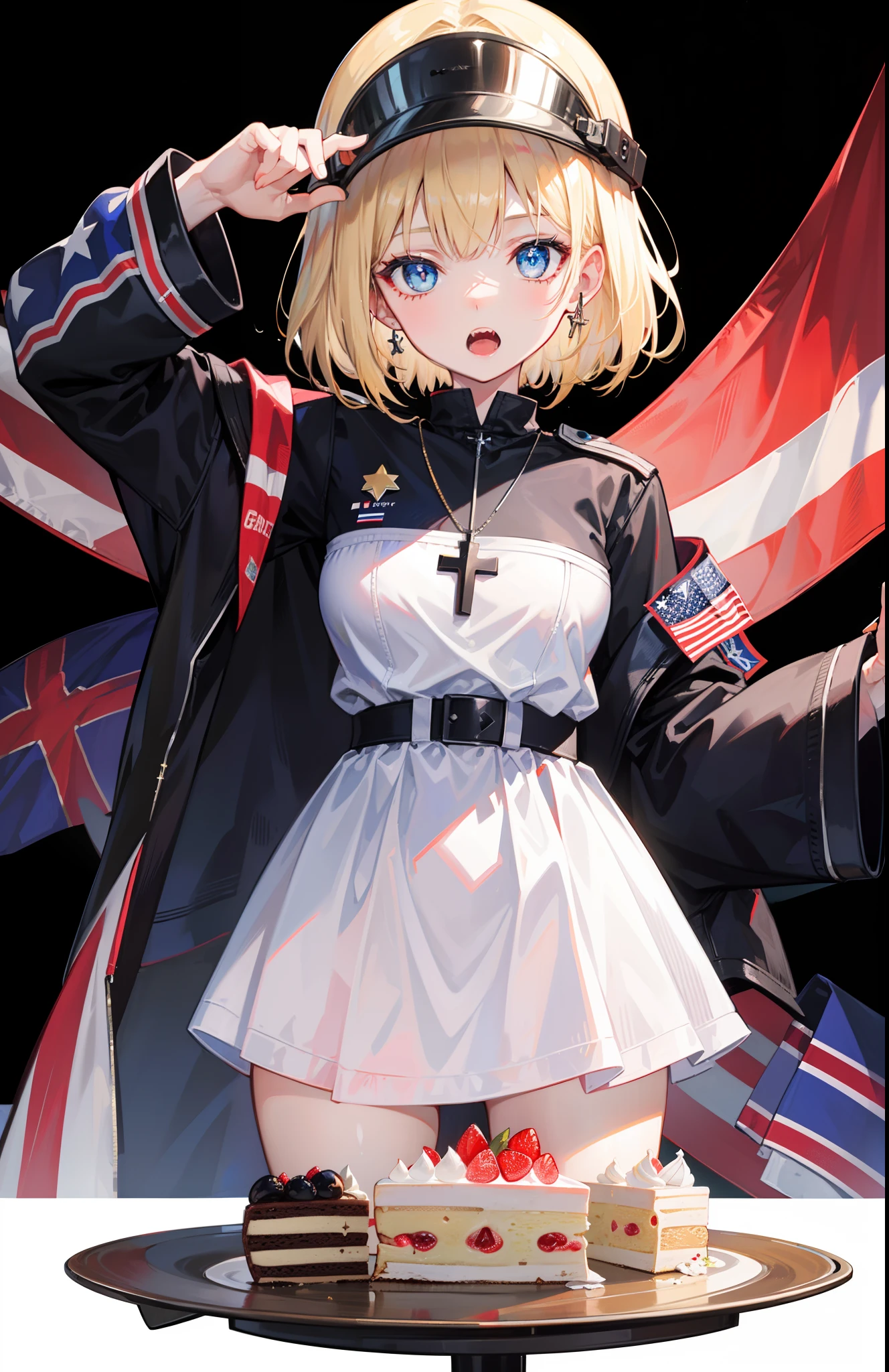 1girl,american_flag,black_background,blonde_hair,blue_eyes,cake,cross,cup,food,helmet,jewelry,long_sleeves,necklace,open_mouth,plate,sharp_teeth,solo,star_(symbol),teeth,transparent_background,union_jack,visor_cap