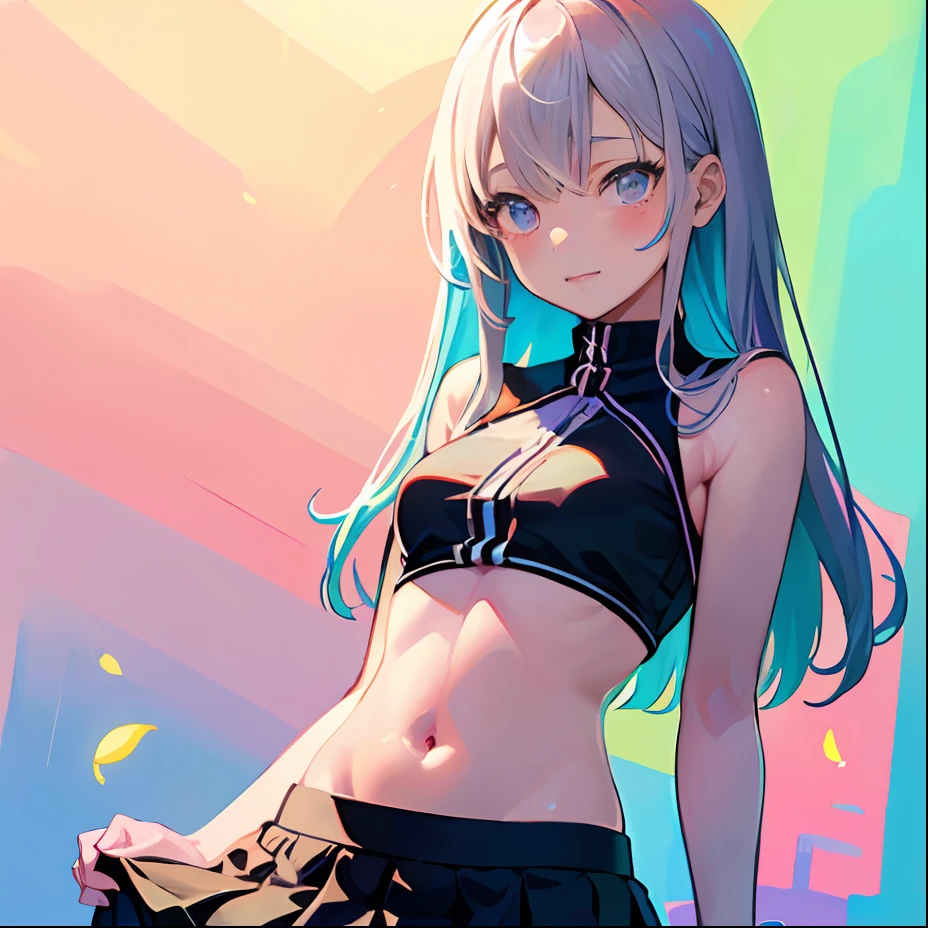 (masutepiece:1.4), (Best Quality:1.3),(Beautiful detailed eyes:1.2), (of the highest quality:1.5),(High resolution:1.5),Best Quality,Ultra-detailed,1girl in,pastel color,Colorful,Beautiful lighting, face,mesugaki,Lori,loliy,Colorful background,Navel,Simle,Happy,Dutch Angle,Mini skirt,