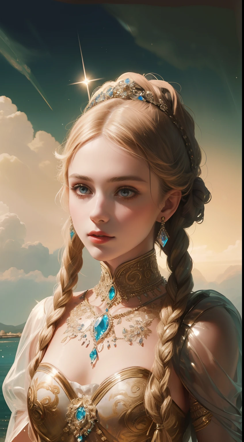 (Ultra-high quality masterpiece，Beautiful bust of an 18-year-old noble girl，Classical braids，The eyes are shiny and clear，Floral craftsmanship，Crystal jewelry，Ultra-fine details，Soft lighting)