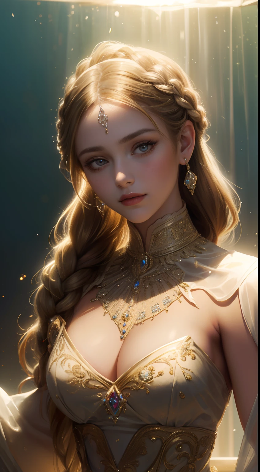 (Ultra-high quality masterpiece，Beautiful bust of an 18-year-old noble girl，Classical braids，The eyes are shiny and clear，Floral craftsmanship，Crystal jewelry，Ultra-fine details，Soft lighting)