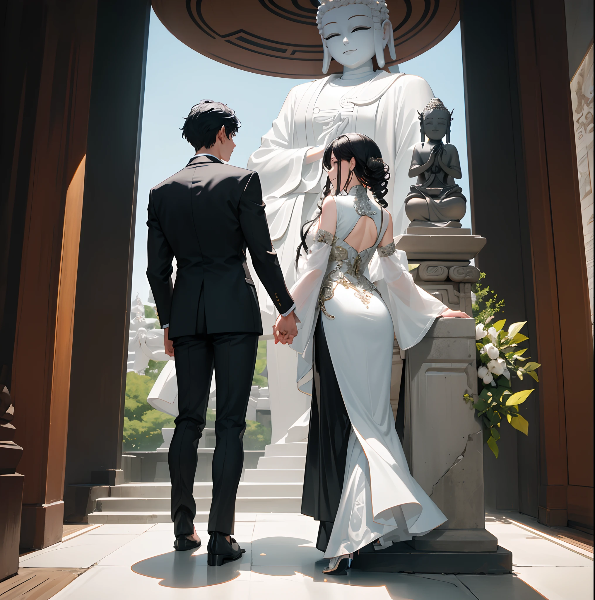 A man and a woman stand with their backs under the statue of Guanyin Buddha with a thousand hands，The boy has short black hair and a straight suit，The girl has long curly black hair and a white dress