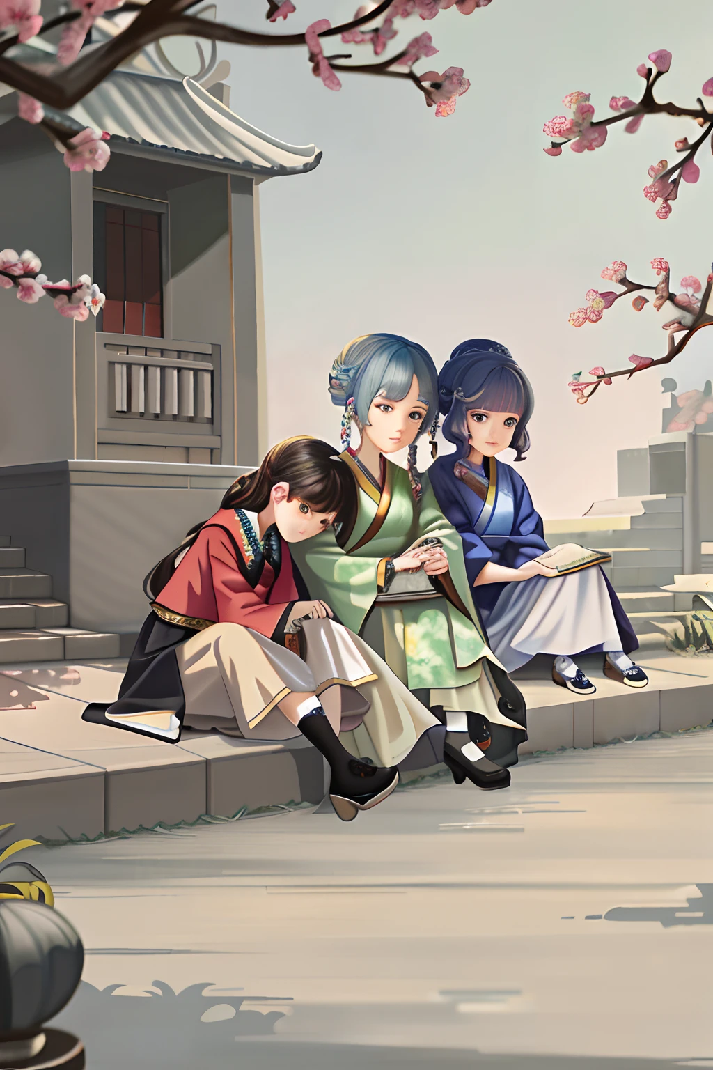 There were three girls sitting on the steps in front of the tree, Guviz-style artwork, Palace ， A girl in Hanfu, Guviz, style of anime4 K, By Leng Mei, : 80s anime style, Beautiful character painting, Guweiz in Pixiv ArtStation, girls resting, author：Zhou Fang，Clear facial features