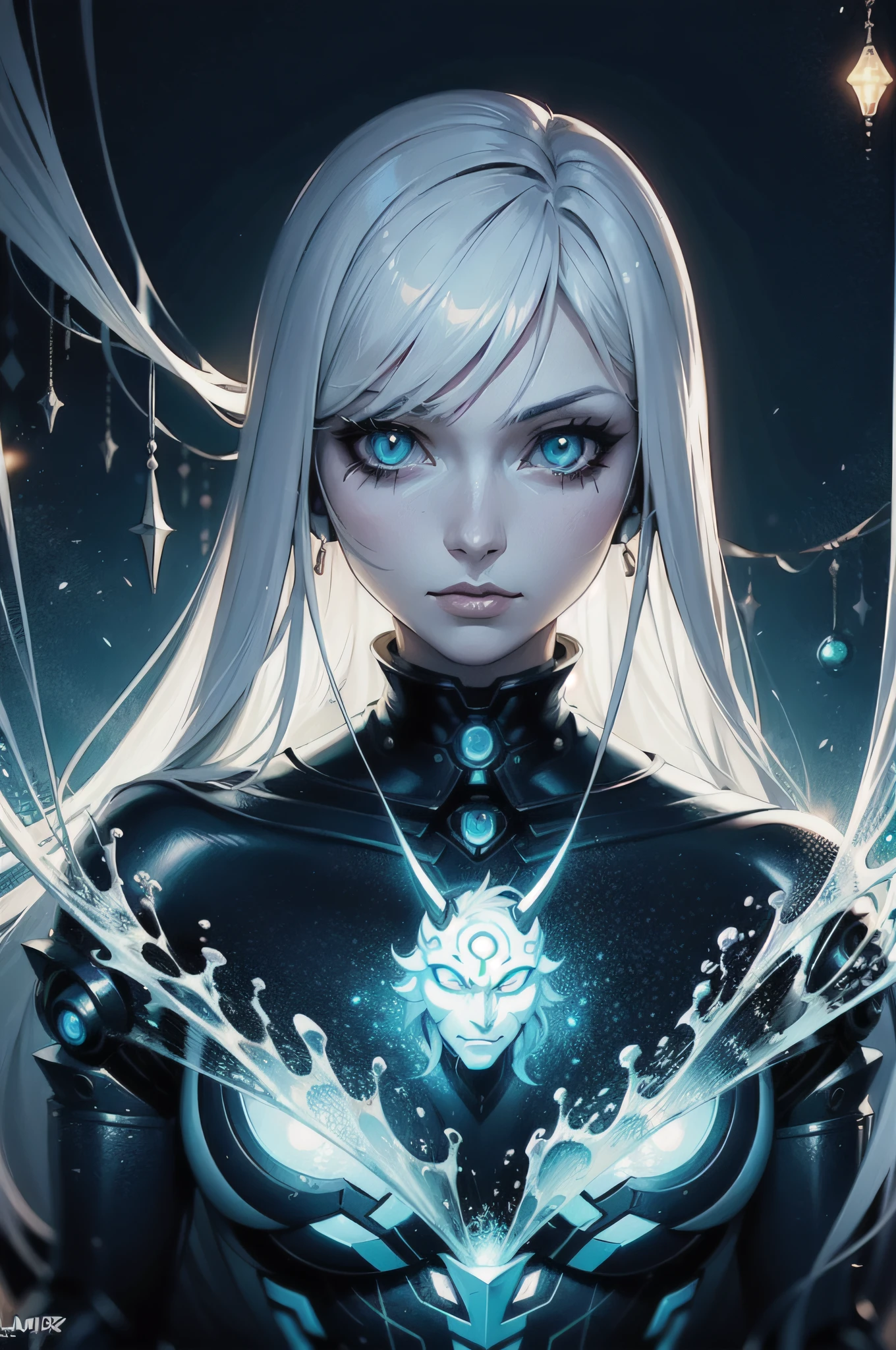 Cyborg diffusion, Female anime character centered, Oni mask, glitch art, glitchcore, organic, forest druid, dark souls' boss, cyber punk, hellscape, portrait, male anime character, robot, masterpiece, intricate, highly detailed, sharp, technological rings, by James McCarthy, glowing blue lush seascape bioluminescent, by beetle and Jahfar Bosshart