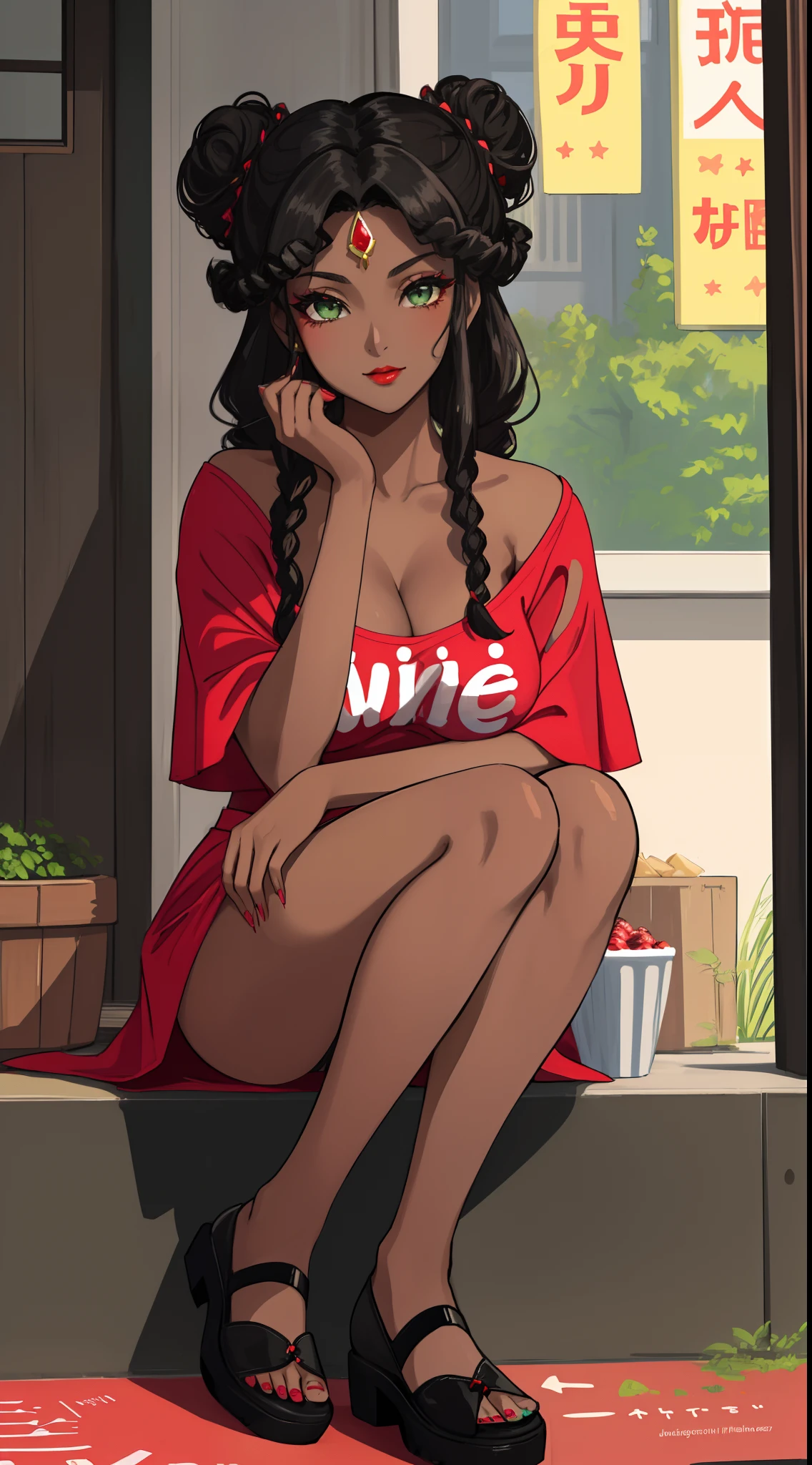 ((((A young woman))), the anime, ( Green eyes), (black hair), Nice face, ssmile, the perfect body, , (((morena))), big breastes, ((tmasterpiece, beste-Qualit)), illustartion, Ультра деталпазированная 8k, Photorealistic, sharp-focus, higly detailed, Professional lighting, Bright make-up, red-lips, Toenails and fingernails are varnished, (dark skin:1,2), short stature, dark skin, Indian woman, African curly hair, Afro-curls, dreds, urban style, casual wear, casual shoes, confectionery, buns, pasties, Cakes