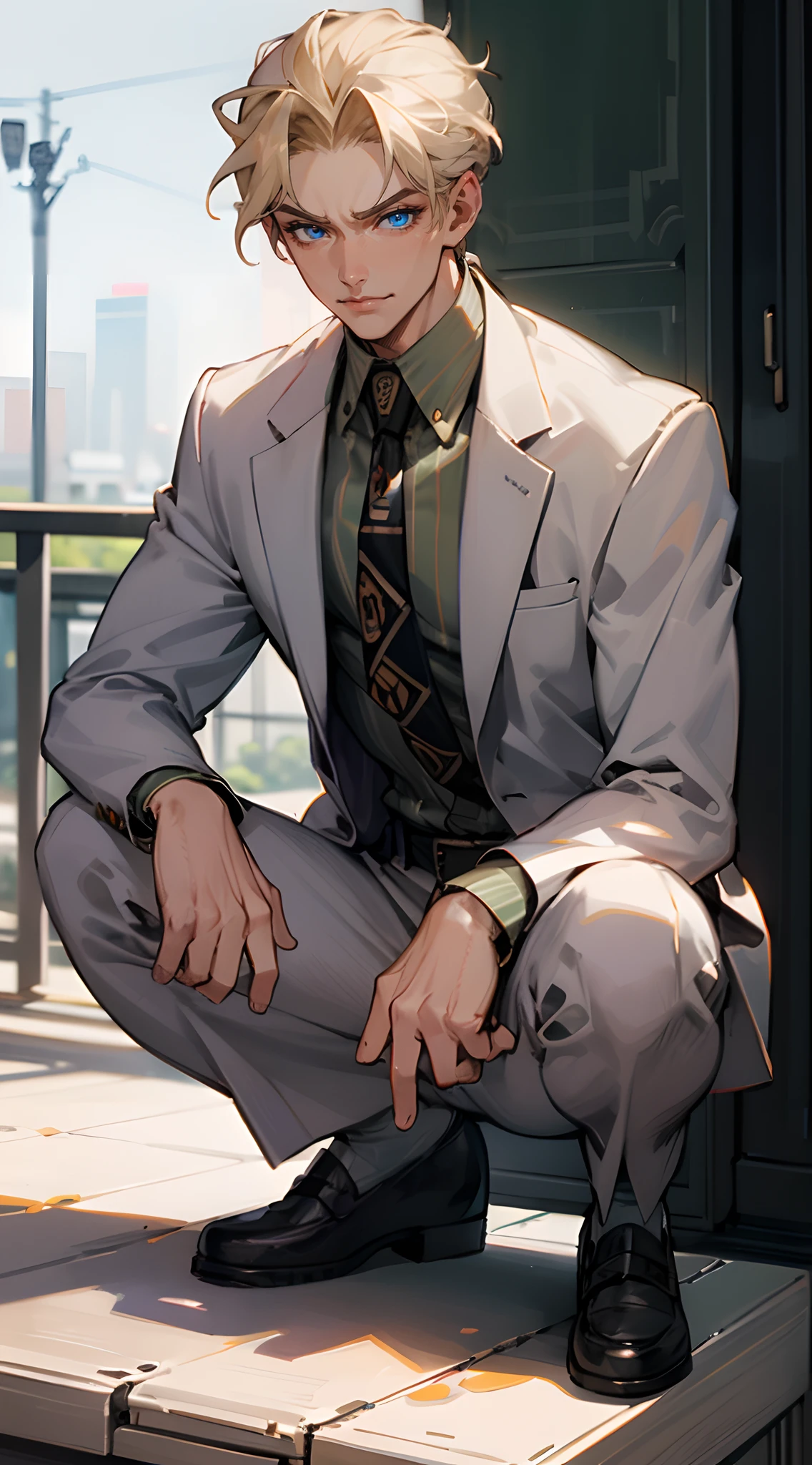 kirayoshikage, kira yoshikage, 1boy, blonde hair, short hair, mature male, cheekbones, blue eyes,
BREAK belt, formal, necktie, shoes, suit, white suit
BREAK looking at viewer, smirking
BREAK outdoors, park,
BREAK (masterpiece:1.2), best quality, high resolution, unity 8k wallpaper, (illustration:0.8), (beautiful detailed eyes:1.6), extremely detailed face, perfect lighting, extremely detailed CG, (perfect hands, perfect anatomy), squatting