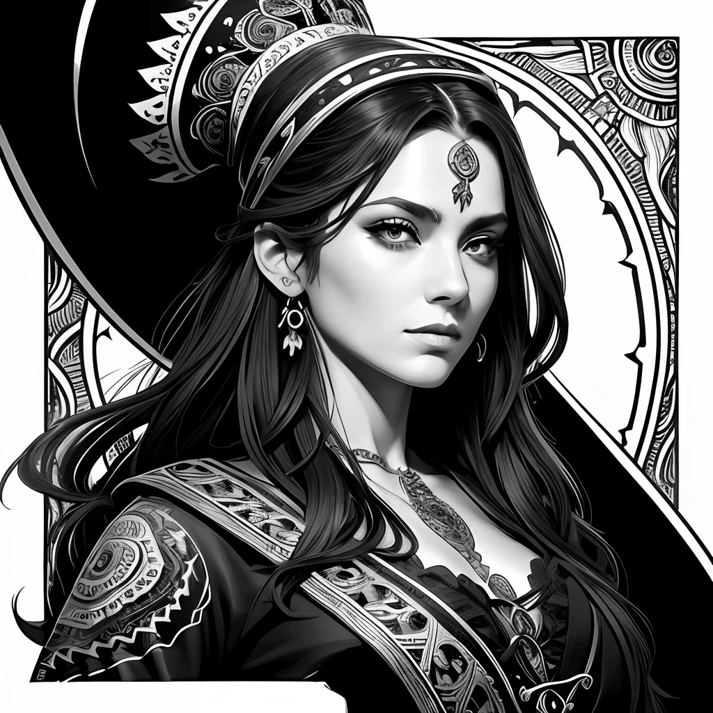 Centred potrait of a female Pirate, black and white, zentangle (best quality) ultra-detailed, fine line drawing, fine line art, coloring book illustration style, intricate linework, highly detailed illustration, perfect composition, beautiful and stunning, dynamic angle, high contrast, incredible shading, incredible detail, unique style, black and white details, (dark and mystical atmosphere), intricate and detailed nature elements.