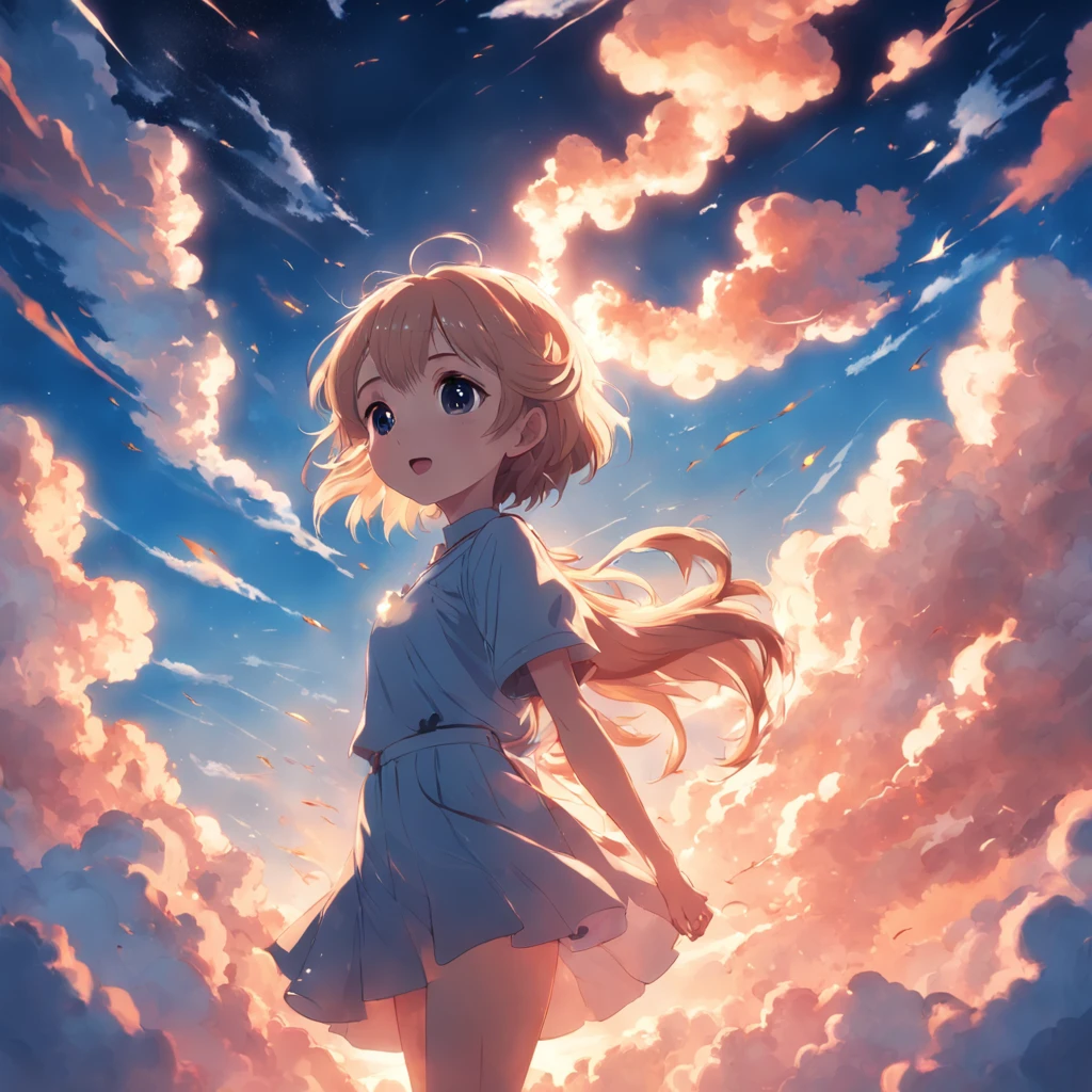 masterpiece, best quality, movie still, 1girl, cloud girl, floating in the sky, close-up, bright, happy, warm soft lighting, sunset, (sparks:0.7)