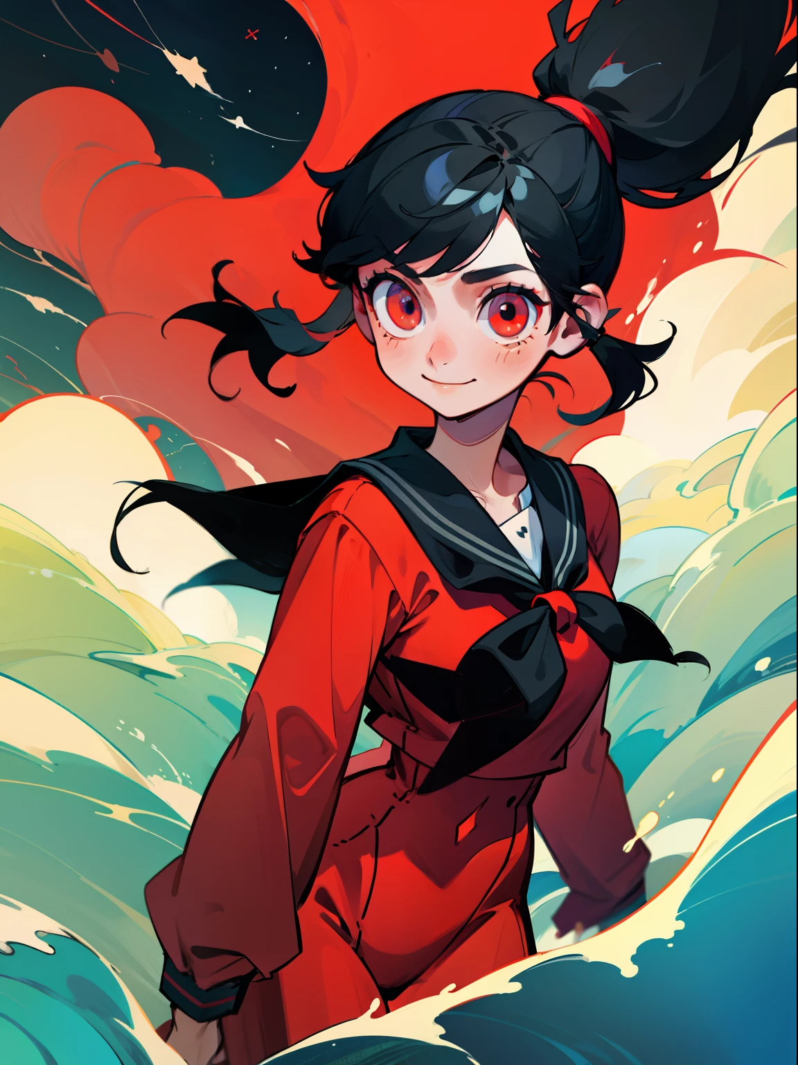 Cute girl with double ponytail,Black color hair,red color eyes,ssmile,a sailor suit,the sea,Surrounded by clouds