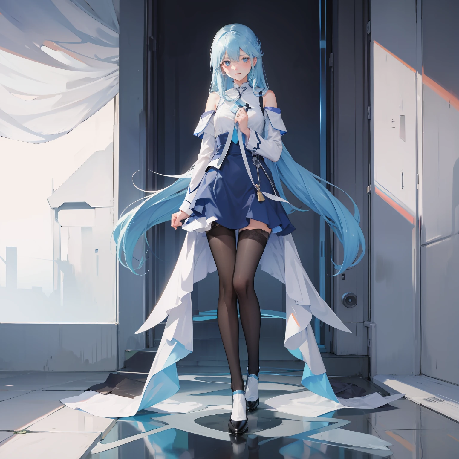 Sky blue pupils，The left and right eyes coincide，black lence stockings