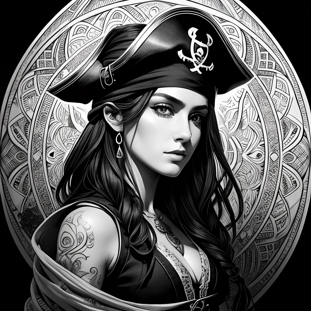 Centred potrait of a female Pirate, black and white, zentangle (best quality) ultra-detailed, fine line drawing, fine line art, coloring book illustration style, intricate linework, highly detailed illustration, perfect composition, beautiful and stunning, dynamic angle, high contrast, incredible shading, incredible detail, unique style, black and white details, (dark and mystical atmosphere), intricate and detailed nature elements.
