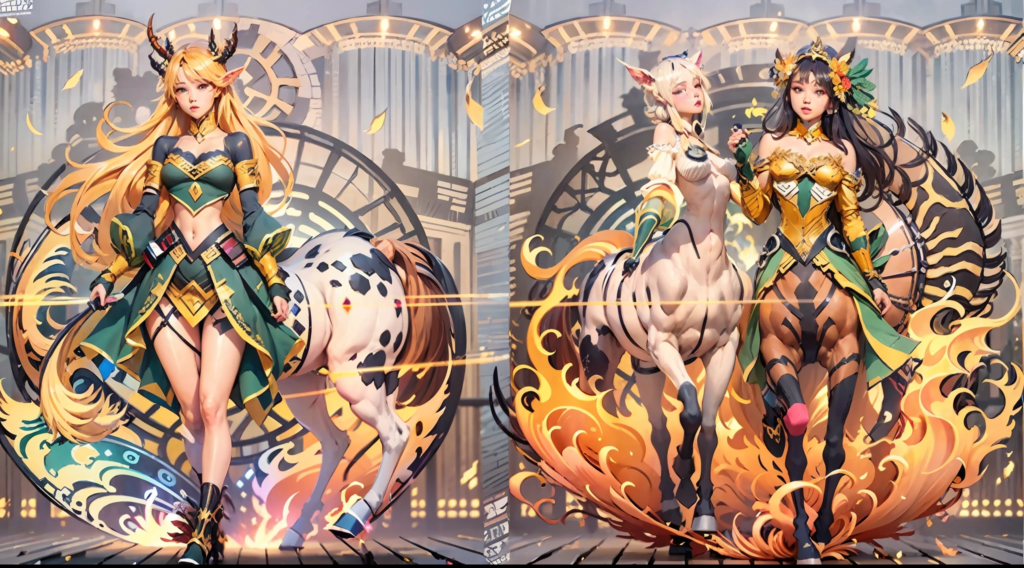 In the beautiful illustration of this super-grand scene，The ultra-long-range lens is shown（Eight unique centaur characters：9.9），They all have their own characteristics，Vivid and interesting。Radiant angelic centaurs from the heavenly realm，To the hellish centaurs surrounded by nightmarish flames，And then to the Wind Immortal Centaur dancing in the air，There are also one-horned centaurs surrounded by thunder and lightning，and mechanical centaurs that shine with metallic light，And then to the powerful dragon centaur with colored dragon scales covering the whole body，The elegant and agile elf centaur always wears a flower crown with its slender and graceful lines，Enchanting and charming Tiflin centaurs。Each character has their own unique charms and abilities。The illustration uses advanced artistic techniques and tools，（Divide the scene into sections by geometric arrangement：9.9），Each section corresponds to a centaur character，This makes more efficient use of space。Through Midjourney's advanced brush tools、Color palette、Material packs and model packs，Exquisite costumes and equipment are designed for each centaur，Enhances the character's personality and visual appeal。The scenery in the illustrations is stunning，There are changing skies、rainbowing、extreme light、Stars and Moon。Incorporating iconic landmarks such as Mount Everest，and fireworks、tranquil lake、Natural and urban elements of waves and neon lights，Creates a magical atmosphere。The centaurs showed off their skills and equipment in a variety of environments，This is true even in extreme alien landscapes。（Use Midjourney's tools、Material packs、Texture tools、The color palette makes depicting details vivid and realistic：9.9），From complex hairstyles and as well as different postures、Form factor、Clothing to real textures，This greatly enhances the realism of the characters and surroundings。The fusion of multiple art styles adds movement to the centaur's movement at all angles，The overall visual experience is further enriched