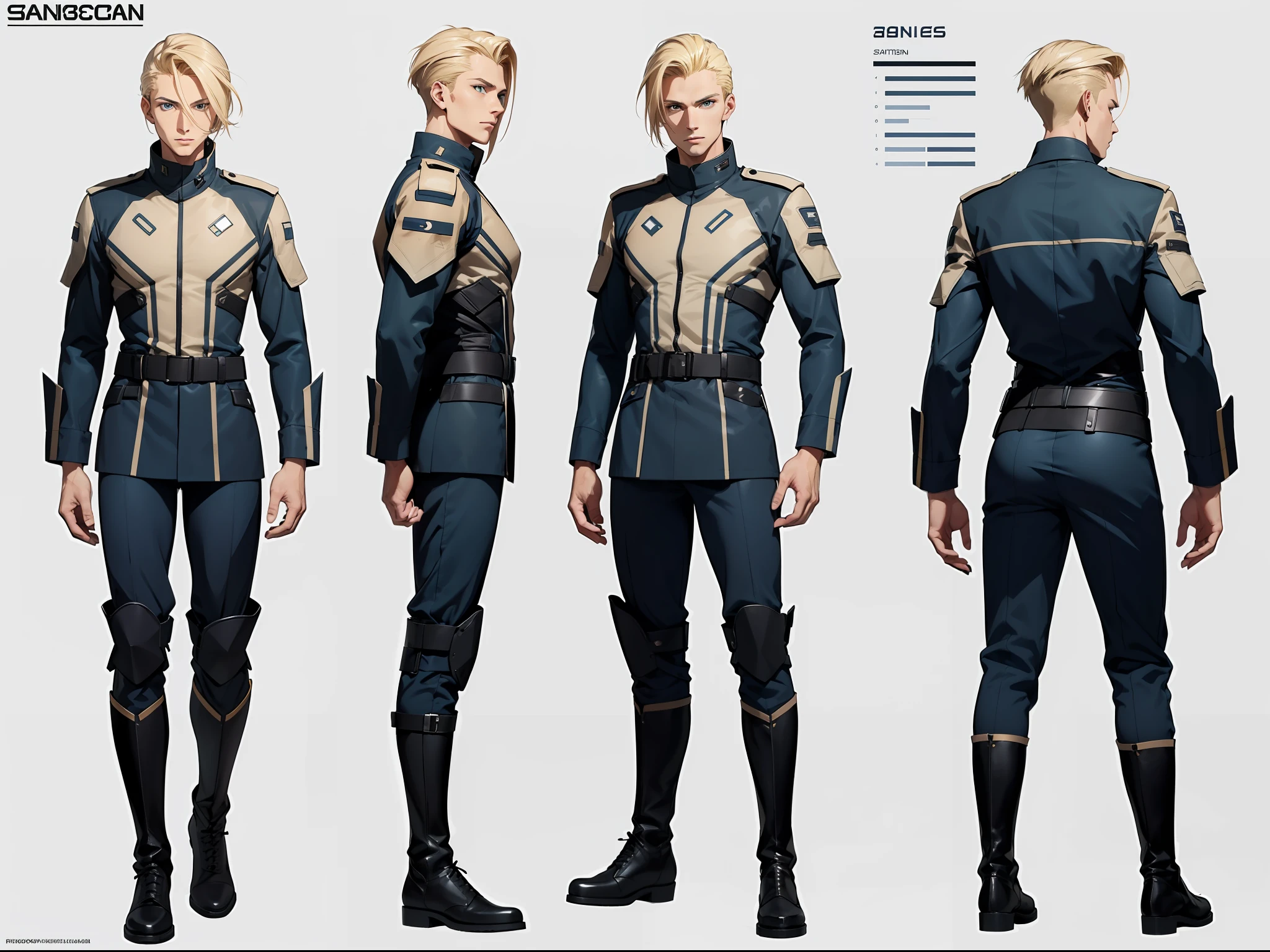 A man, 25 years old, tall, blond hair, short tousled hair, tall boots, futuristic Scandinavian spaceship military outfit, various angles, (front, back, side), model sheet, reference sheet.