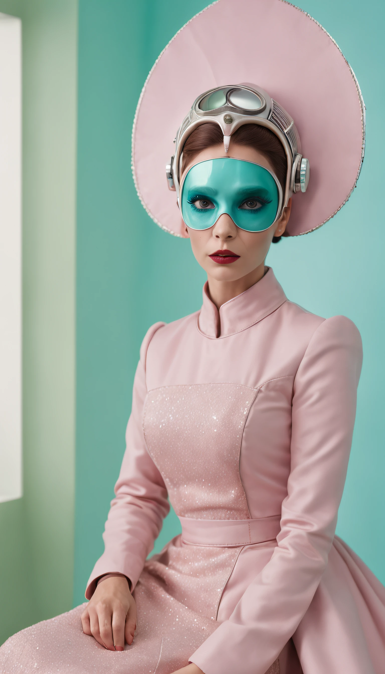 8k portrait of a 1960s science fiction film by Wes Anderson, Vogue anos 1960, rosa pastel cores, amarelo, azul, verde, There are people wearing strange futuristic chameleon masks and wearing extravagant retro fashion outfits and men and women wearing alien makeup and old ornaments with mechanical pets in the cafeteria, Luz Natural, Psicodelia, futurista estranho, fotorrealista, hiper detalhado, foco nítido, Intrinsic, Fuji filmes 55mm,