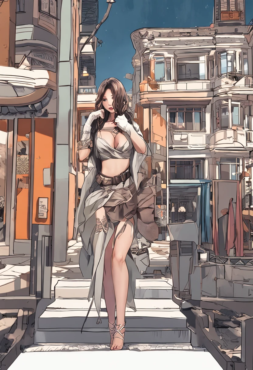 ((Best picture quality, 8K, tmasterpiece:1.3)), Sharp:1.2, perfect figure beautiful woman:1.4, Slim abs:1.2, ((Layered Hair Style, huge tit:1.2)), (Bandeau dress white:1.1),the city street:1.2,Highly detailed facial and skin texture,A detailed eye,二重まぶた,Brown hair long,The dress is thin,Hands behind you,Squat,The reveal panties,Expose cleavage。