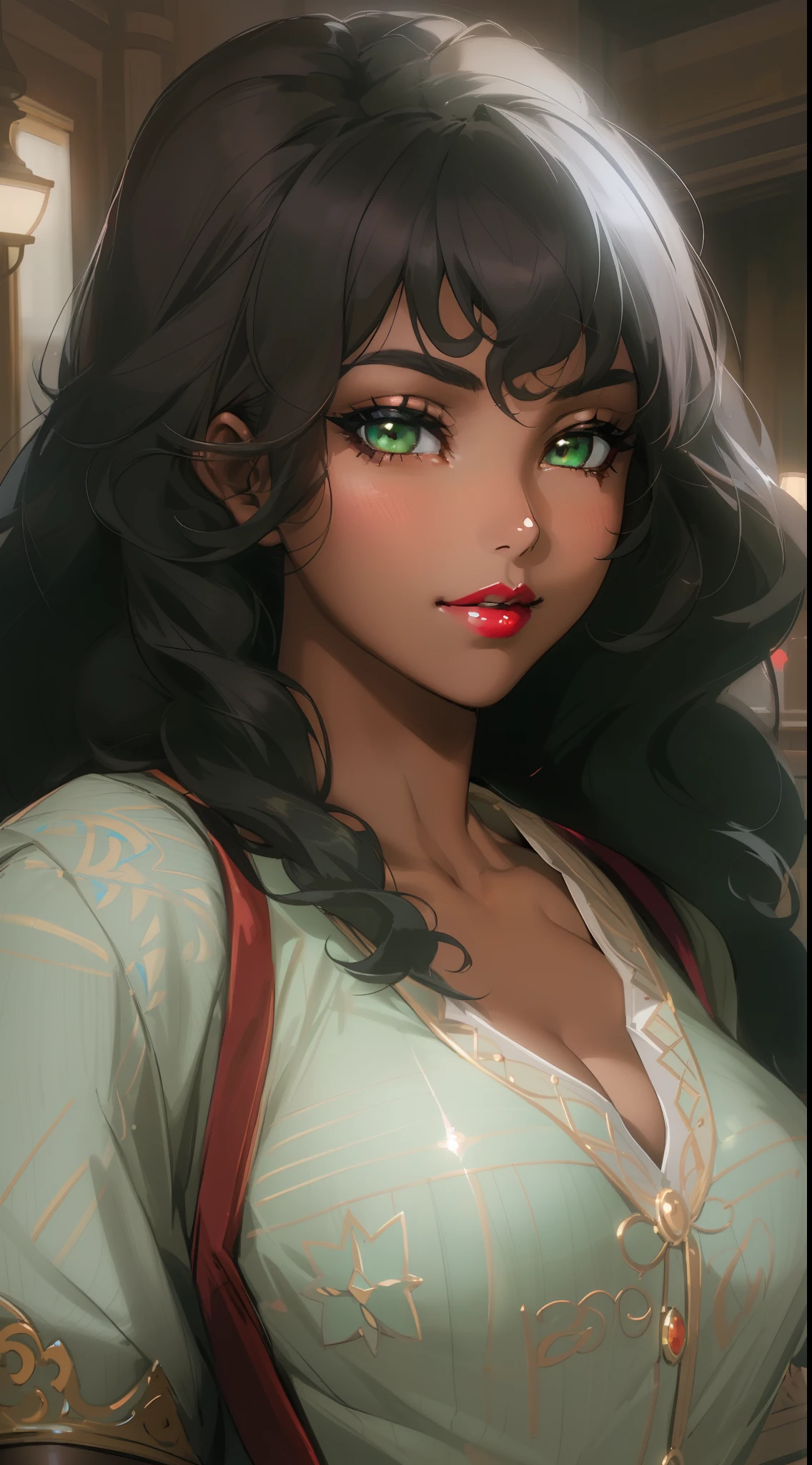 ((((A young woman))), the anime, ( Green eyes), (black hair), Nice face, ssmile, the perfect body, , (((morena))), big breastes, ((tmasterpiece, beste-Qualit)), illustartion, Ультра деталпазированная 8k, Photorealistic, sharp-focus, higly detailed, Professional lighting, Bright make-up, red-lips, Toenails and fingernails are varnished, (dark skin:1,2), short stature, dark skin, Indian woman, African curly hair, Afro-curls, dreds, urban style, casual wear, casual shoes, confectionery, buns, pasties, Cakes