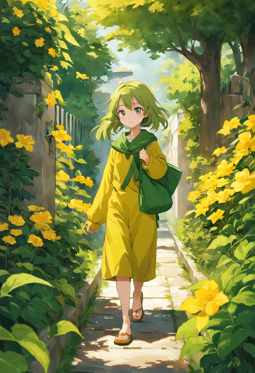 there is a woman and a child walking down a path, walking at the garden, yellow and green, green and yellow, yellow and greens, green and yellow tones, with yellow cloths, yellow and olive color scheme, yellow clothes, in garden, yellow and green scheme, green clothes, green and yellow colors, portrait image, with ivy, in the garden