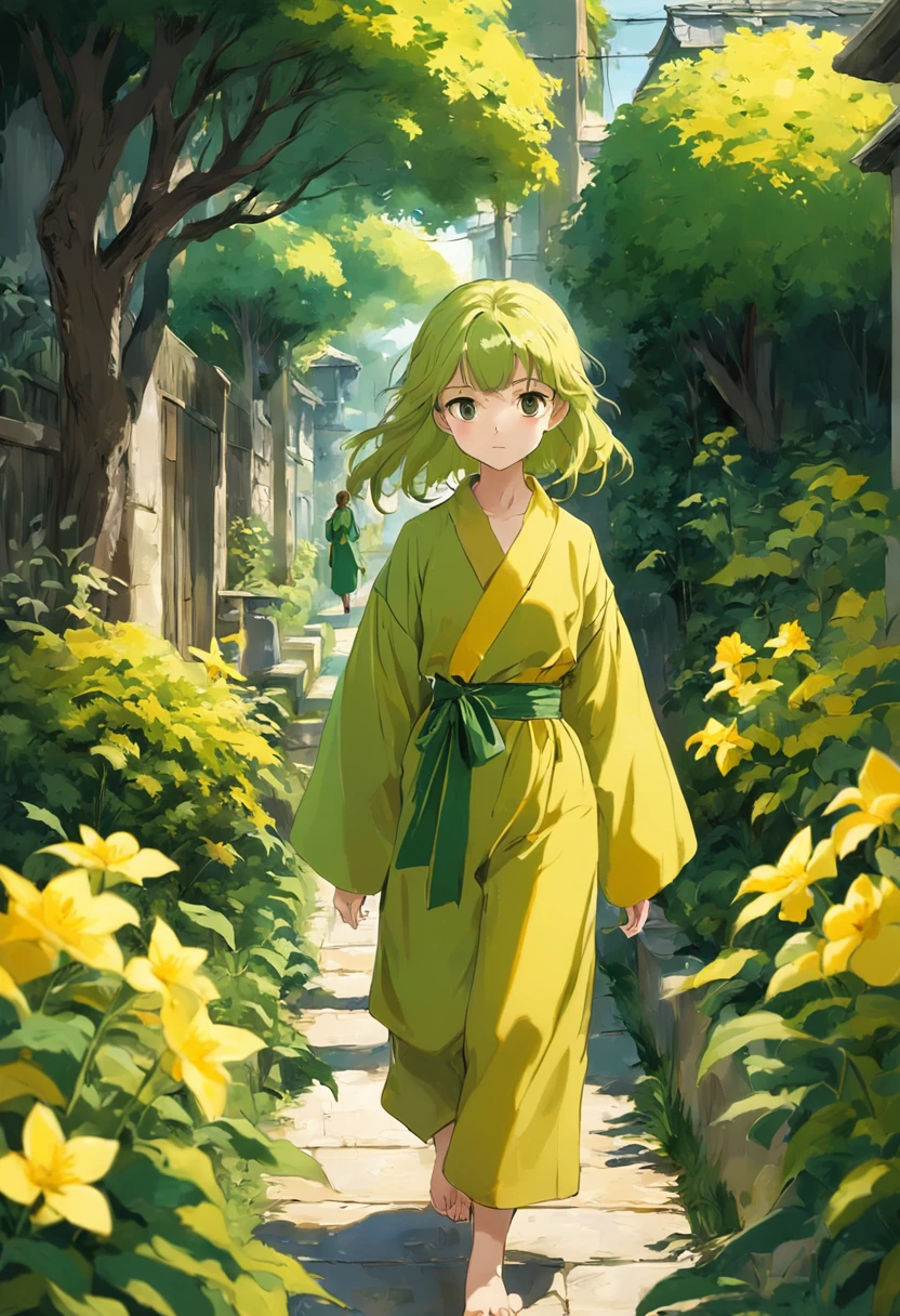 there is a woman and a walking down a path, walking at the garden, yellow and green, green and yellow, yellow and greens, green and yellow tones, with yellow cloths, yellow and olive color scheme, yellow clothes, in garden, yellow and green scheme, green clothes, green and yellow colors, portrait image, with ivy, in the garden