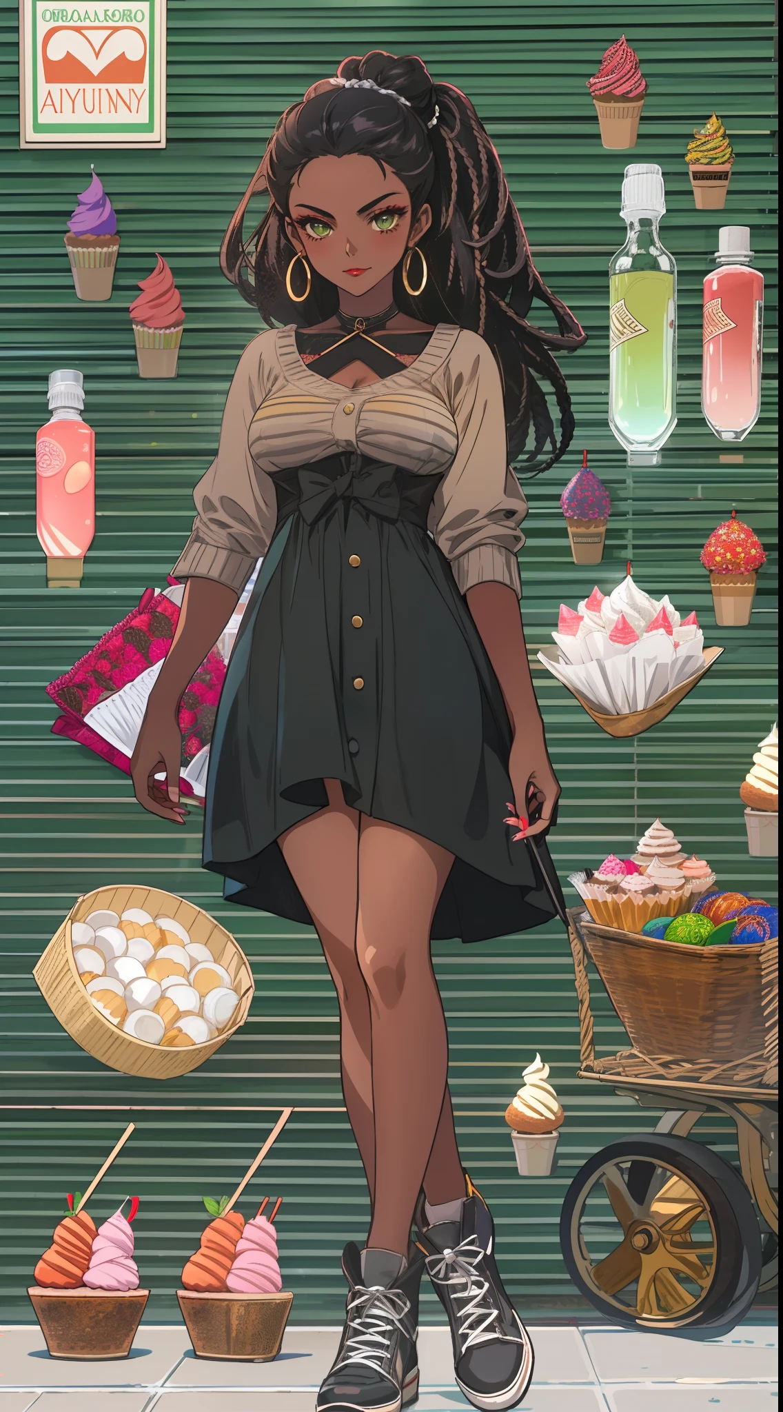 ((((A young woman))), the anime, ( Green eyes), (black hair), Nice face, ssmile, the perfect body, , (((morena))), big breastes, ((tmasterpiece, beste-Qualit)), illustartion, Ультра деталпазированная 8k, Photorealistic, sharp-focus, higly detailed, Professional lighting, Bright make-up, red-lips, Toenails and fingernails are varnished, (dark skin:1,2), short stature, dark skin, Indian woman, African hair, dreds, urban style, casual wear, casual shoes, confectionery, buns, pasties, Cakes, The city, Street, Shops