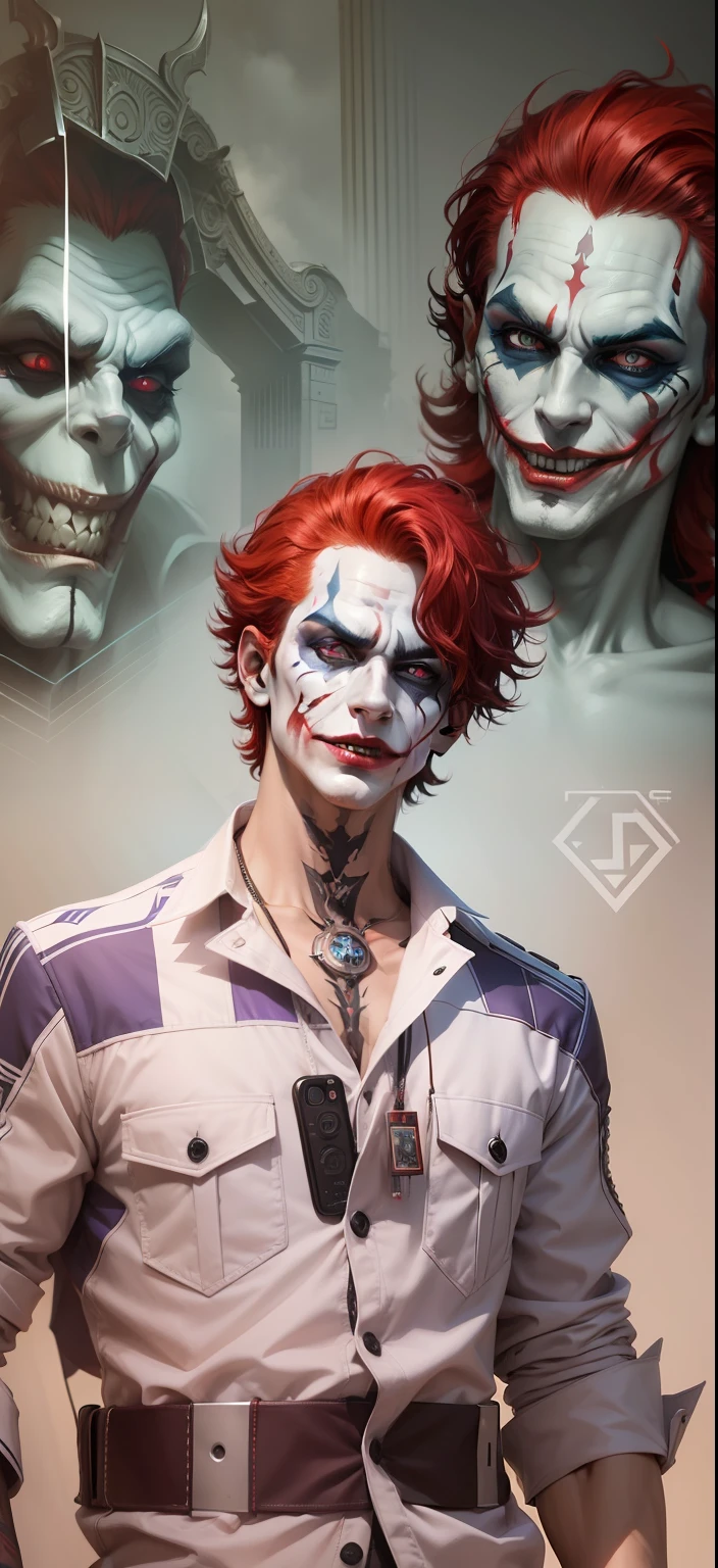 Boy With handphone futuristic Devi background realistic joker face , bule red hair ultra high quality HD