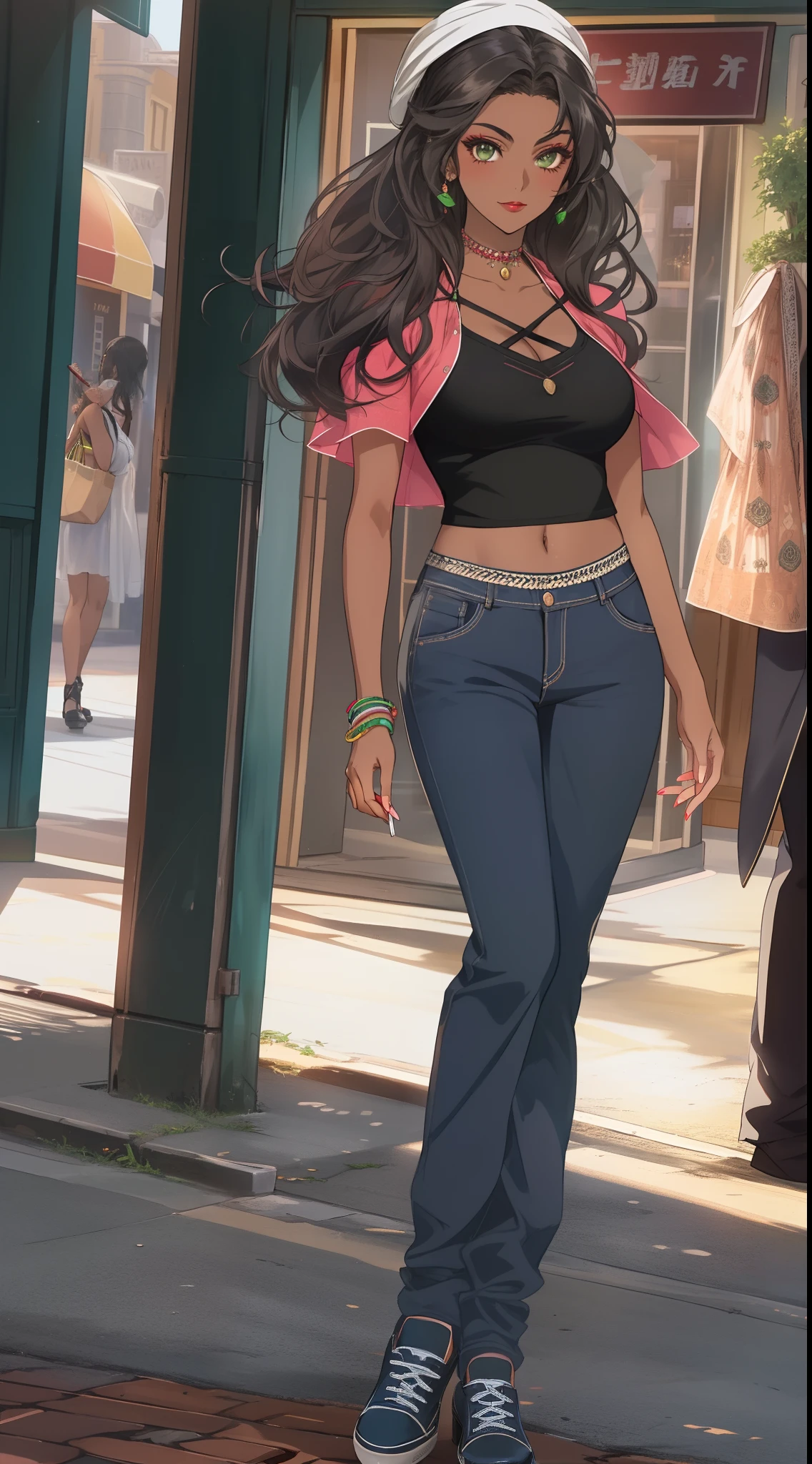 ((((A young woman))), the anime, ( Green eyes), (black hair), Nice face, ssmile, the perfect body, , (((morena))), big breastes, ((tmasterpiece, beste-Qualit)), illustartion, Ультра деталпазированная 8k, Photorealistic, sharp-focus, higly detailed, Professional lighting, Bright make-up, red-lips, Toenails and fingernails are varnished, (dark skin:1,2), short stature, dark skin, Indian woman, African hair, dreds, urban style, casual wear, casual shoes, confectionery, buns, pasties, Cakes, The city, Street, Shops