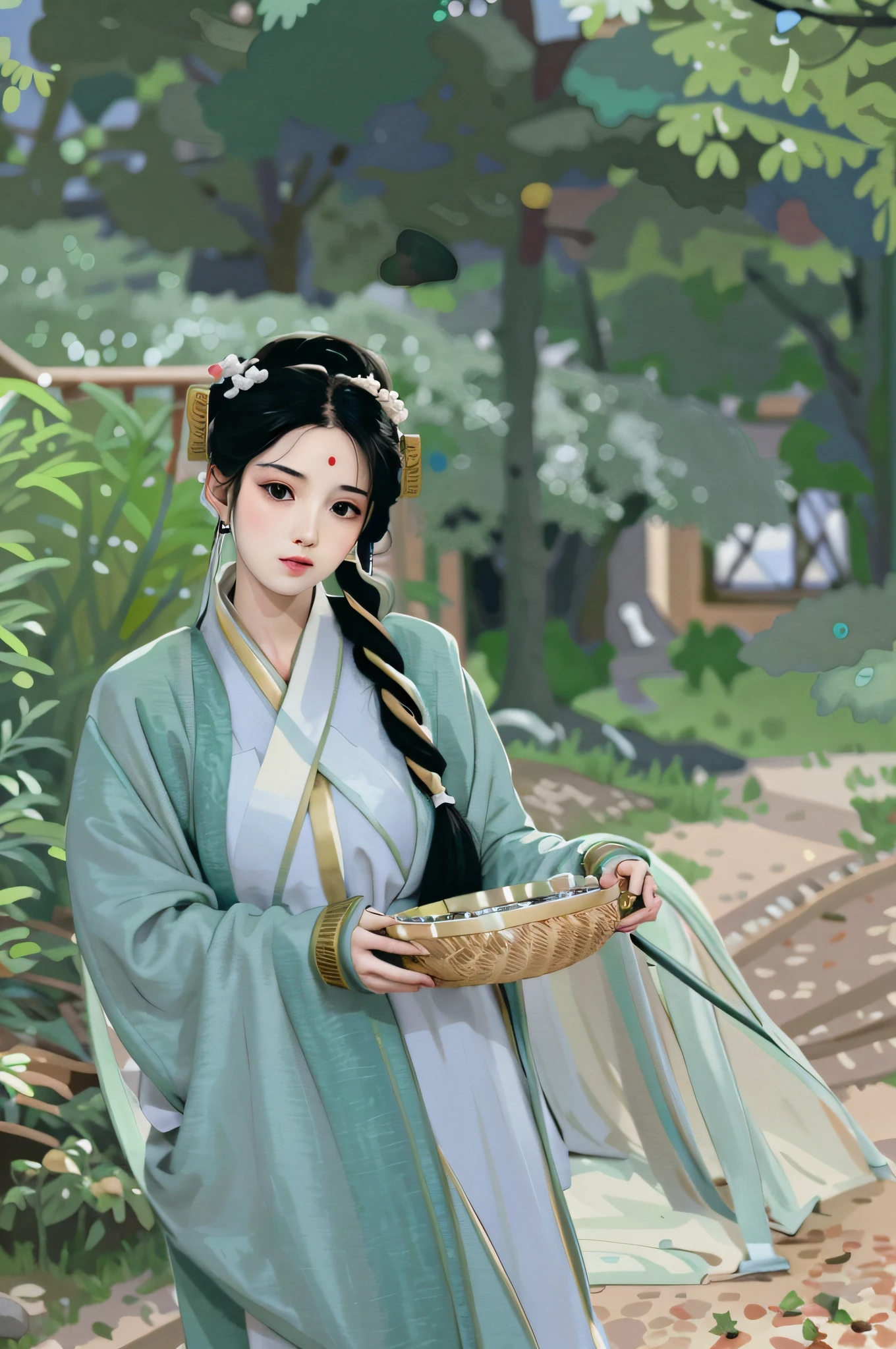 Painting a woman in a dress holding a plate of tea leaves, Palace ， A girl in Hanfu, official character illustration, extremely fine ink lineart, Official illustration, perfect lineart, highly detailed exquisite fanart, beautiful line art, traditional drawing style, inspired by Jeong Seon, in the art style of bowater, inspired by Shin Yun-bok, Line sketch，Colorful picture