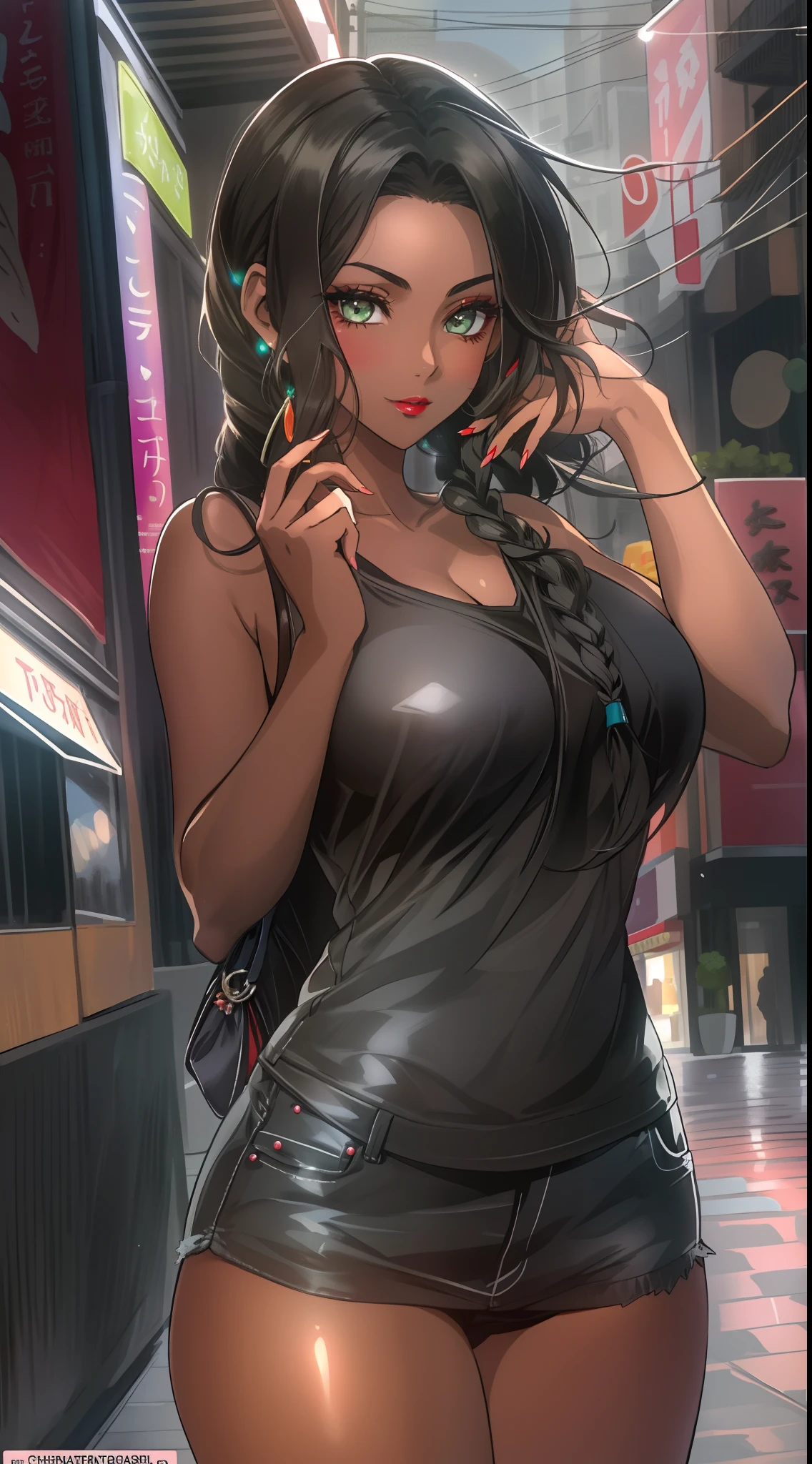 score_9, score_8_up, score_7_up, score_6_up, score_5_up, score_4_up, 1girl, 25yo model shell
BREAK (wearing black micro bikini), ponytail, (long black hair:1.3, long tendrils), (big bright blue eyes, super detailed eyes), (large breaREAK (close up shot:1.3), navel, view from front, facing viewer, closeup of face, seductive look, cleavage, pe
BREAK neo tokyo well lit highrise building, filled with neon signs, well lit by red neon lights, translucid, bricks wall
BREAK official art, masterpiece, (anime, cel-shaded, source_painted_concept_art)