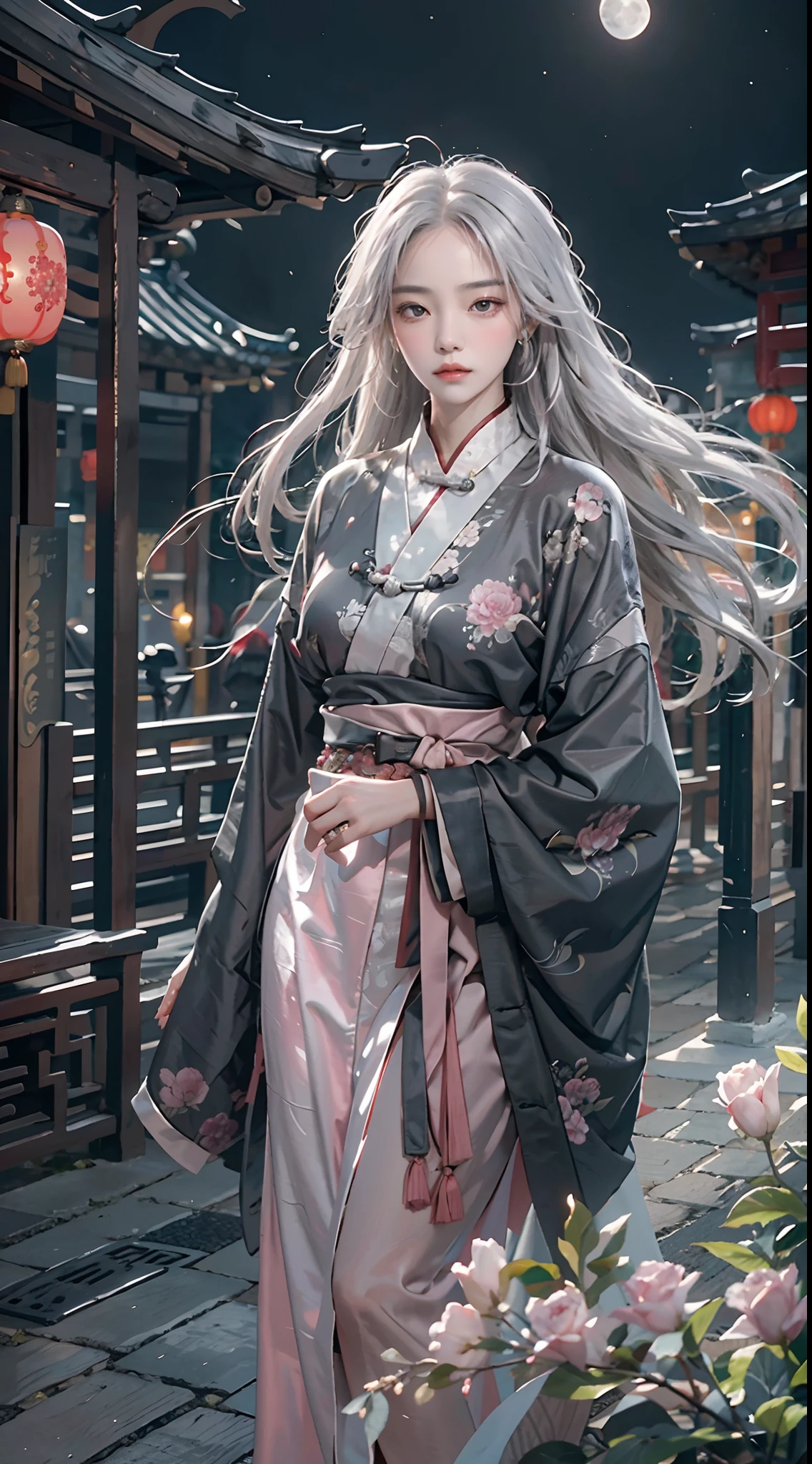 Masterpiece, Best Quality, Night, Full Moon, 1 Girl, Mature Woman, Chinese Style, Ancient China, Sister, Royal Sister, Cold expression, expressionless face, Silver white long haired woman, Light pink lips, Calm, Intellectual, Three belts, Gray pupils, Assassin, Short knife, Flower ball background, Strolling in the street scenery