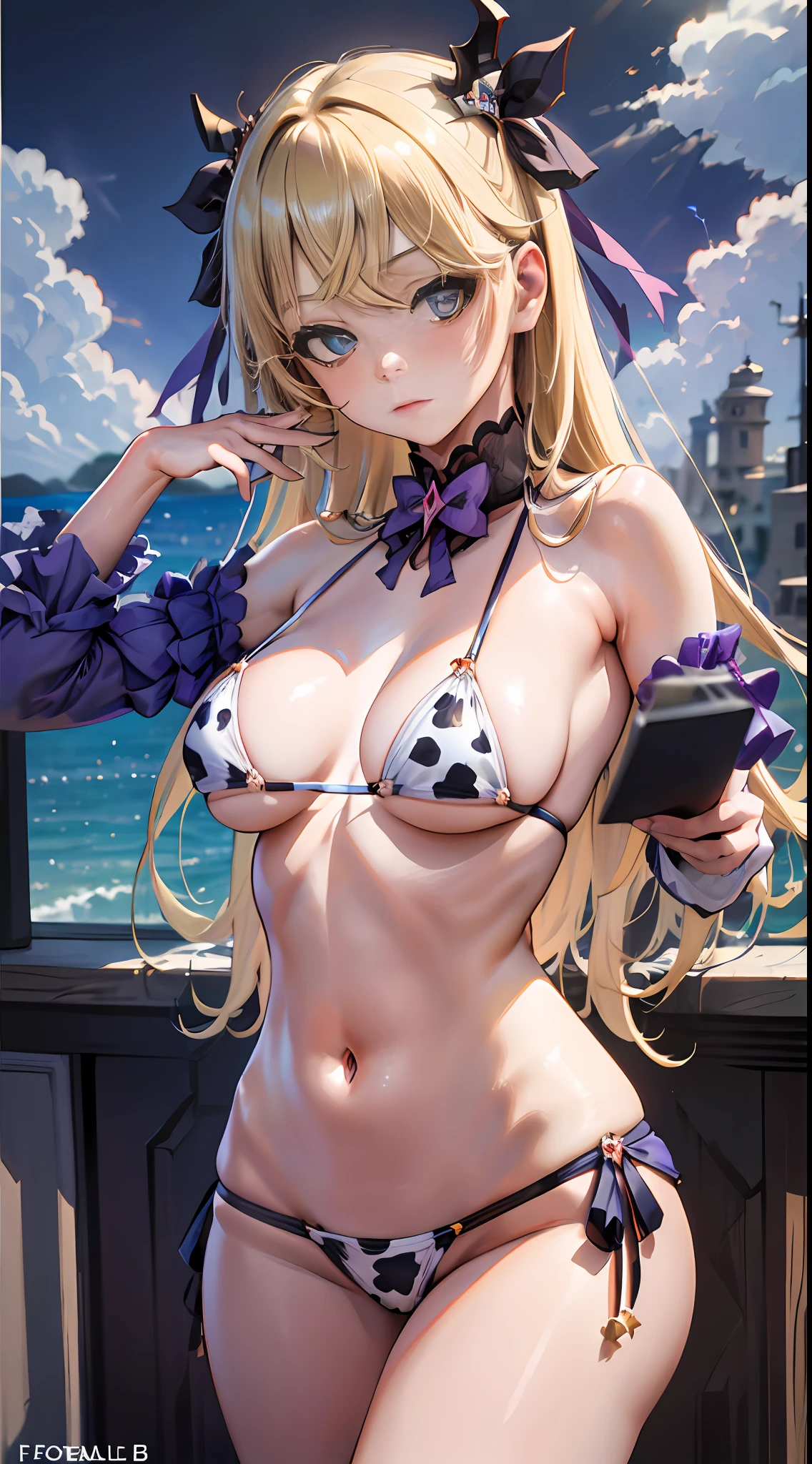 Cheers Saki | Blue Archives, Iwhole Body, (NSTDA.:1.2), (10, beste-Qualit, master-piece: 1.4), ultra-high resolution, (Realistic, photorealistic portrait: 1.48), 20 years old girl , ( Micro Beetle View - Bikini Pass:1.11),Cow's milk bikini print, Famous Japanese celebrities, Blue Eyes, Head Tilted, cowboy shot, View from the front, looking at the audience, expressionless, Beautiful Sea Zeiss f 150mm/ 2.8 Hasselblad, Whole body, foot , Ultra-Wide Angle