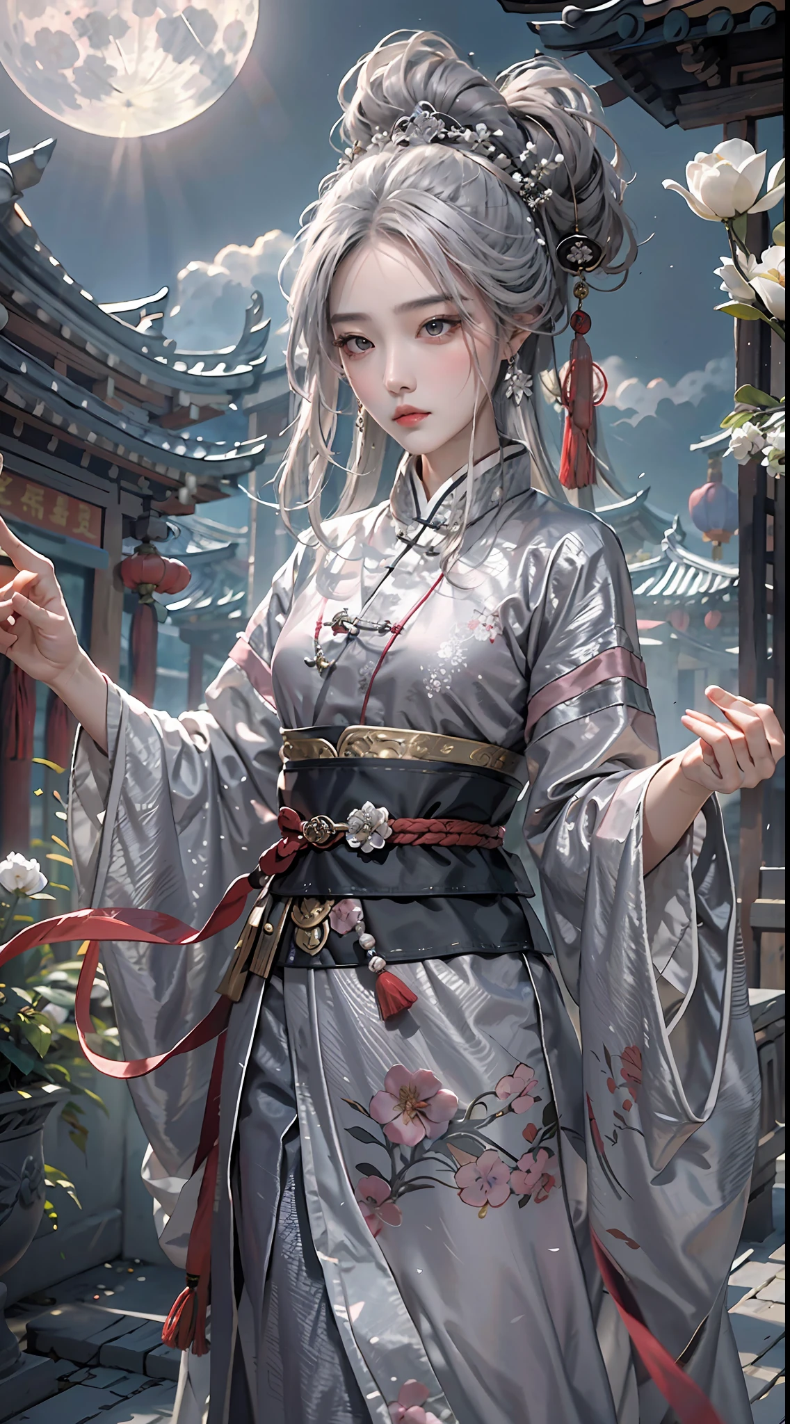 Masterpiece, Best Quality, Night, Full Moon, 1 Girl, Mature Woman, Chinese Style, Ancient China, Sister, Royal Sister, Cold expression, expressionless face, Silver white long haired woman, Light pink lips, Calm, Intellectual, Three belts, Gray pupils, Assassin, Short knife, Flower ball background, Strolling in the street scenery