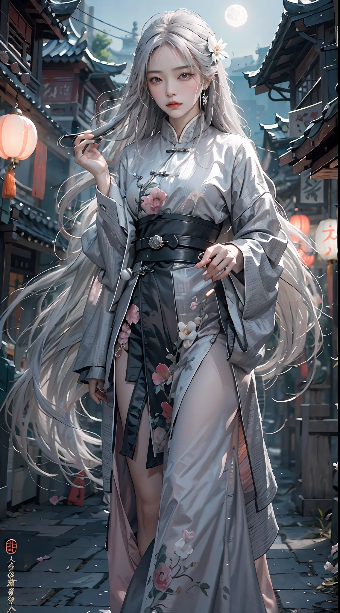 Masterpiece, Best Quality, Night, Full Moon, 1 Girl, Mature Woman, Chinese Style, Ancient China, Sister, Royal Sister, Cold expression, expressionless face, Silver white long haired woman, Light pink lips, Calm, Intellectual, Three belts, Gray pupils, Assassin, Short knife, Flower ball background, Strolling in the street scenery