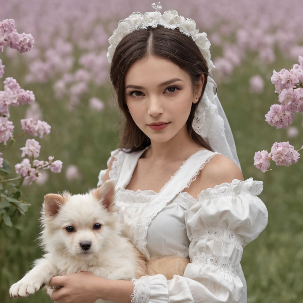 the maid outfit，Kizi，Holding a white puppy，Smile sweetly，sat on the ground，Flowers all around，beautiful weather，​​clouds，tmasterpiece，best qualtiy