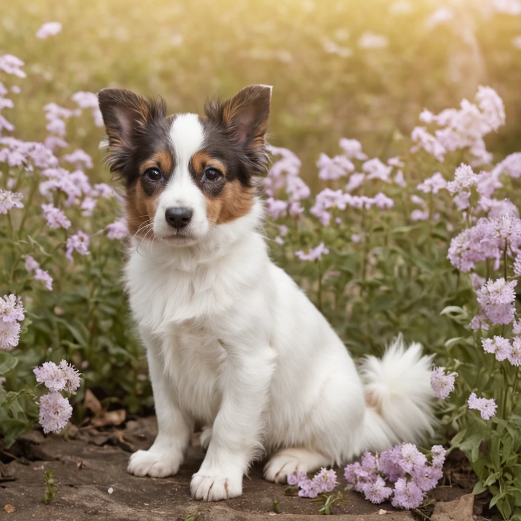 the maid outfit,Kizi,Holding a white puppy,Smile sweetly,sat on the ground,Flowers all around,beautiful weather,clouds,tmasterpiece,best qualtiy