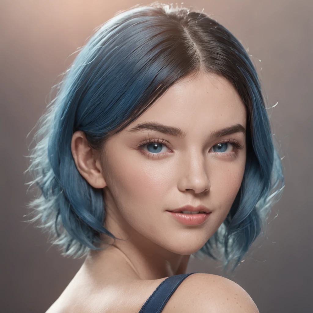(Professional 3D rendering:1.3) by (Realistic:1.3) World's most beautiful art photo, features a young woman in her 20s with blue hair, smiling, wears headphones, is in a technological environment on a blue background, 8k