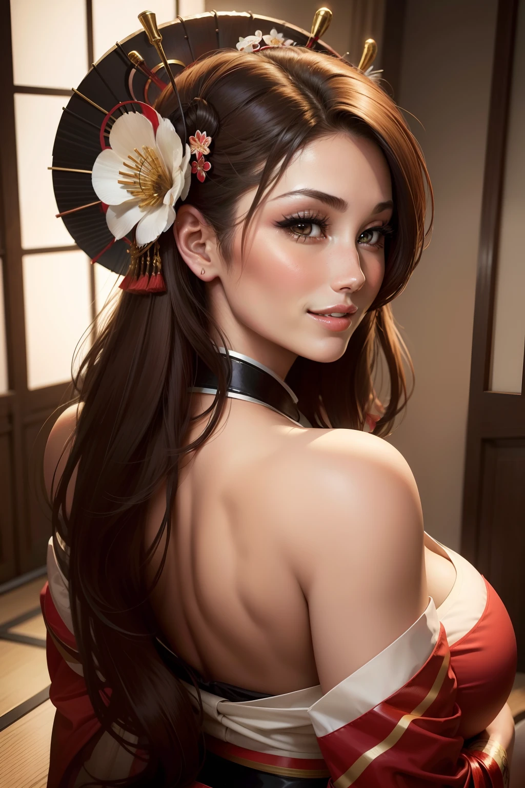 lucy pinder, portrait, back, smiling, sexy, geisha