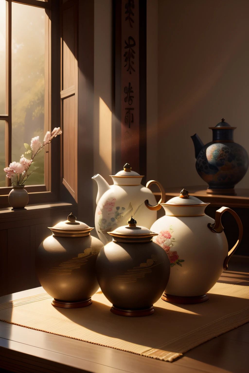 Images of the product，Tea jars，Light and composition for studio shooting，Take a slight upright shot of an ancient Chinese painting，Ancient Chinese background，rays of sunshine，tmasterpiece，super detailing，Epic composition，hyper HD，high qulity，extremely detaile，offcial art，Unity8k wallpapers