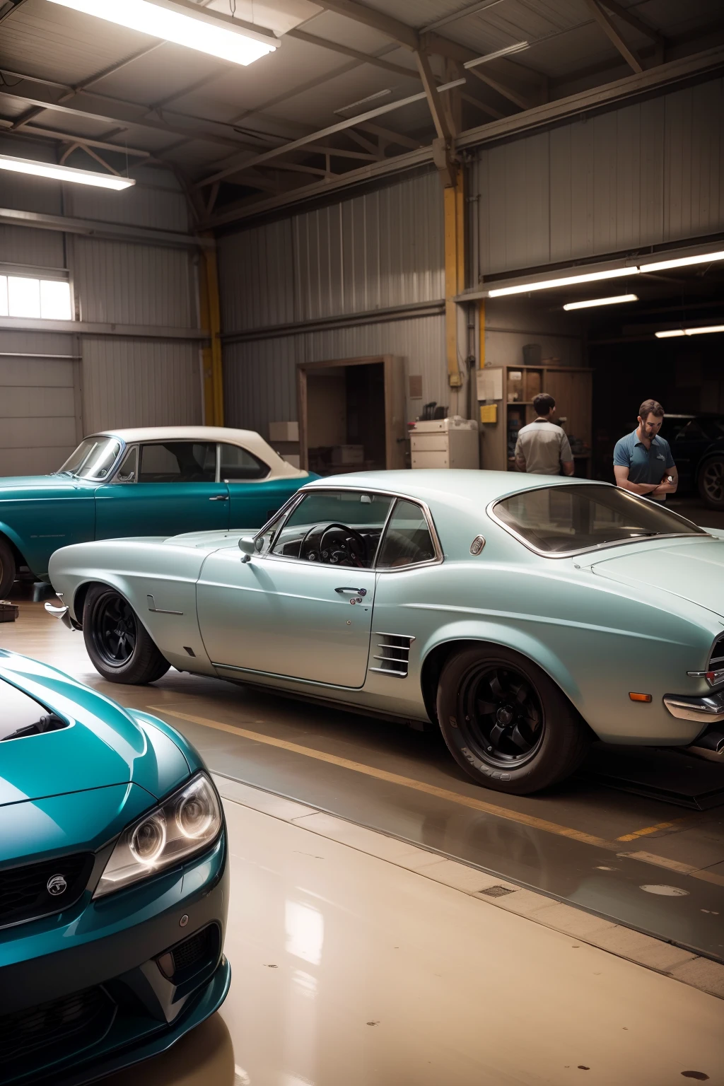people looking at various cars in the workshop