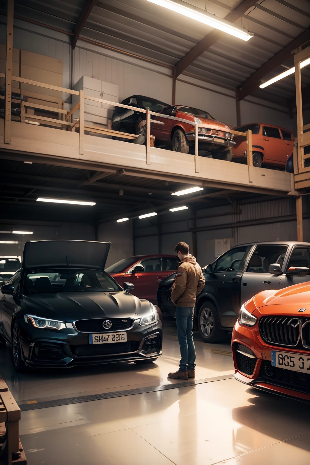 people looking at various cars in the workshop