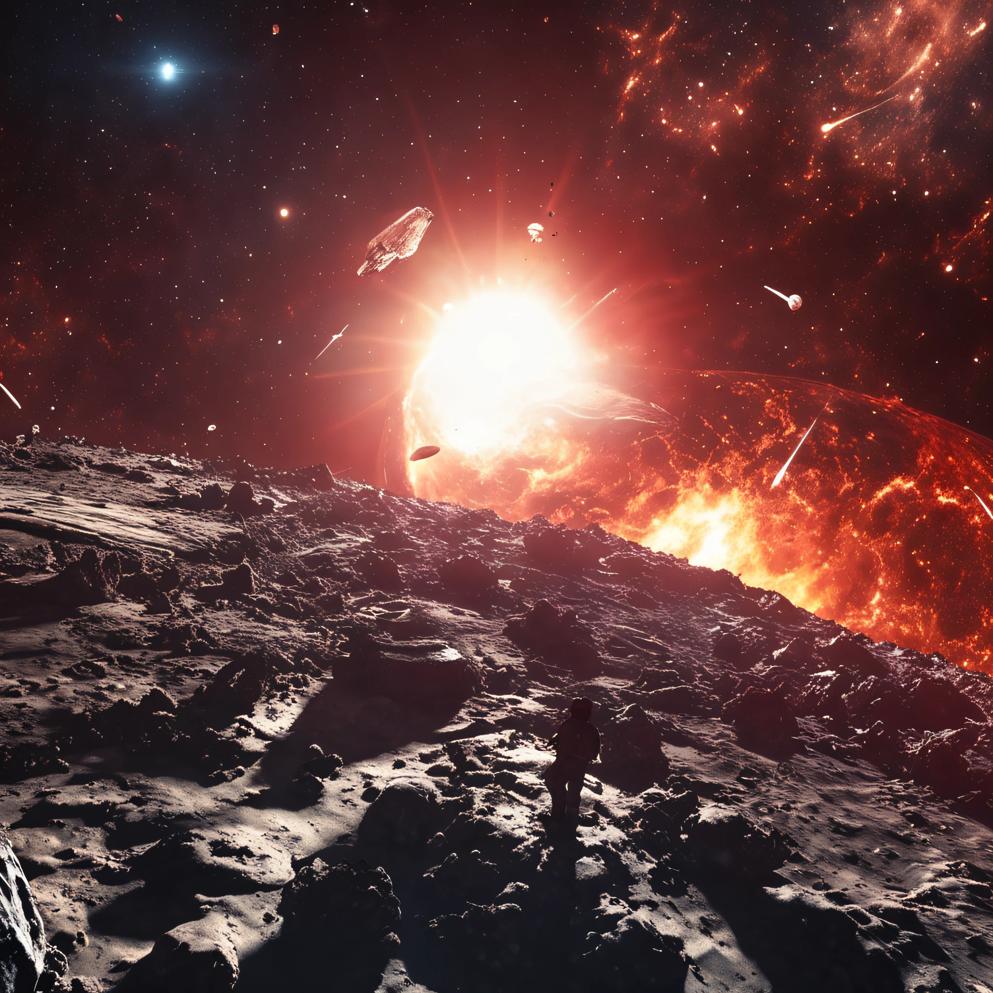 ((Best quality)), ((Masterpiece)), (dramatic scene), The Earth and the Sun collapse into black holes like the Sun, (Post lighting:1.3), The sun dims when it pops out, (Epic composition:1.2), Earth bathed in red light, (CG animation:1.1), Flames and debris are inhaled, (Emergency atmosphere:1.2), The spacecraft was evacuated urgently,Open the space wormhole,people fleeing, (movie atmosphere:1.3), Nebulae and galaxies in the background, (High contrast:1.1), (8K resolution:1.0),