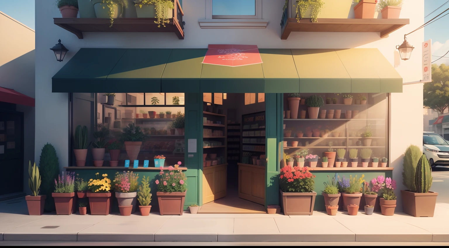 Illustration-style front view of the store,It has flowers and potted plants of various colors,There is a billboard in front of the store