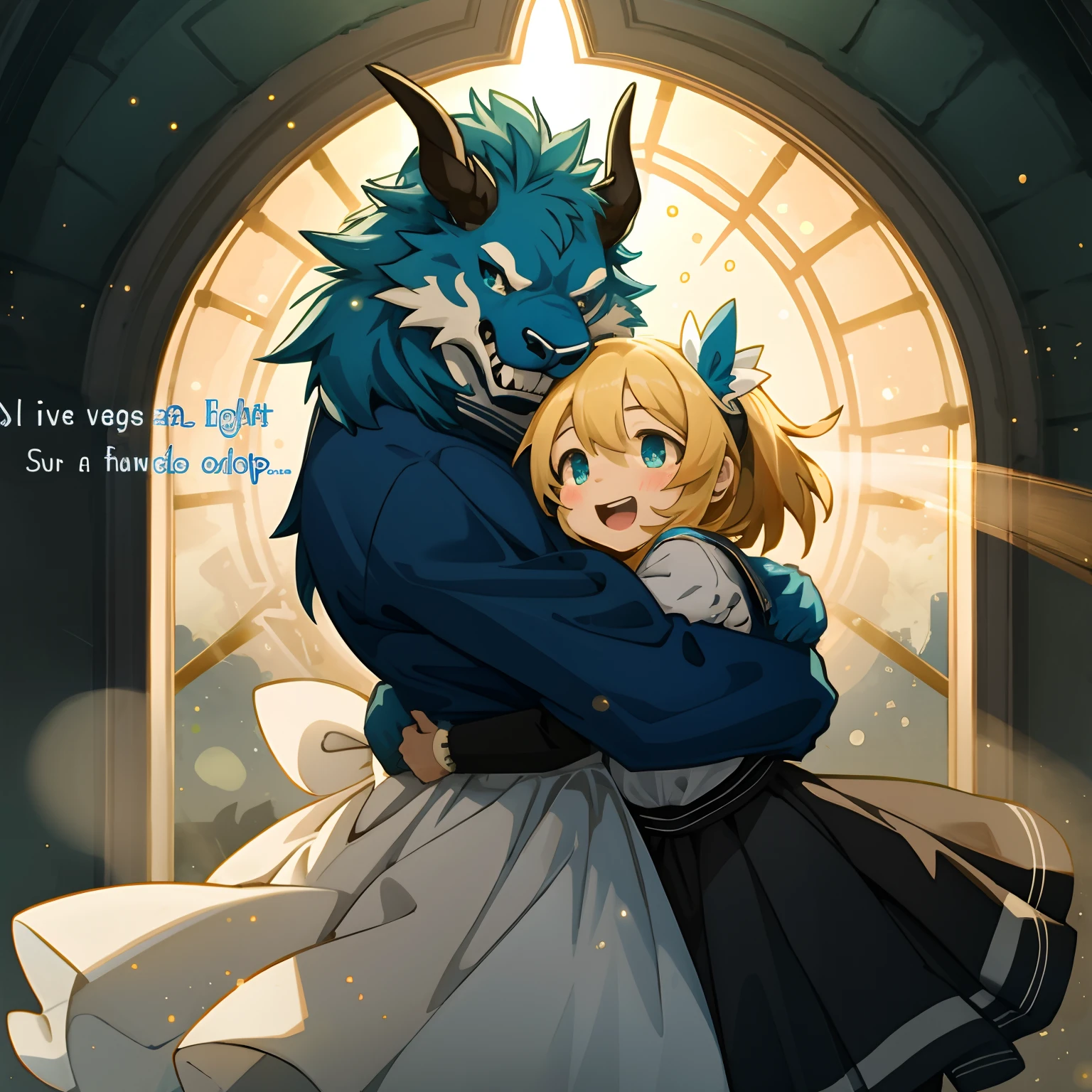 highres, top quality, best quality, paid reward available, High-quality illustrations, unparalleled masterpiece, under refreshing blue sky, absurdres, height difference, large beast, smile, hugs girl((movie of a beast and human child girl))girl hugs beast, dress skirt, smile, open mouth, happy, joyful(beautiful detailed eyes and face)caustics, light rays, light leaks, light particles, lens flare, subtitles, English text,