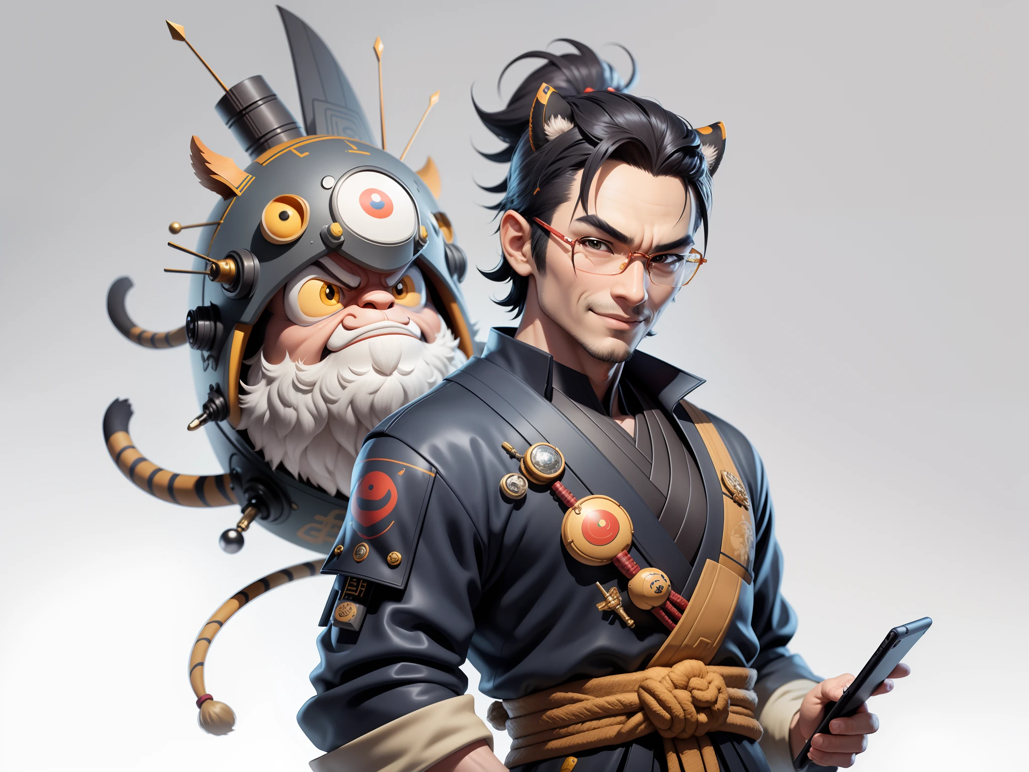 (Daisaku),(Need),(Super meticulous),(full bodyesbian:1.2),Super young man with Japanese geisha，Beautiful，orient，one tiger，Aeolian Thor，Raised sexy，爆乳，Oriental face，TV Anchor，Bust portrait illustration，In black suit，a blue tie，The face is slightly chubby，The face was clean，without a beard，Black super short hair，Black eyes，Smile confidently，3C computer sub-products，iPad， iphone，Digital painting，3D character design by Mark Clairen and Pixar and Hayao Miyazaki and Akira Toriyama，The illustration is a high-definition illustration in 4K resolution，With very detailed facial features and cartoon-style visuals。