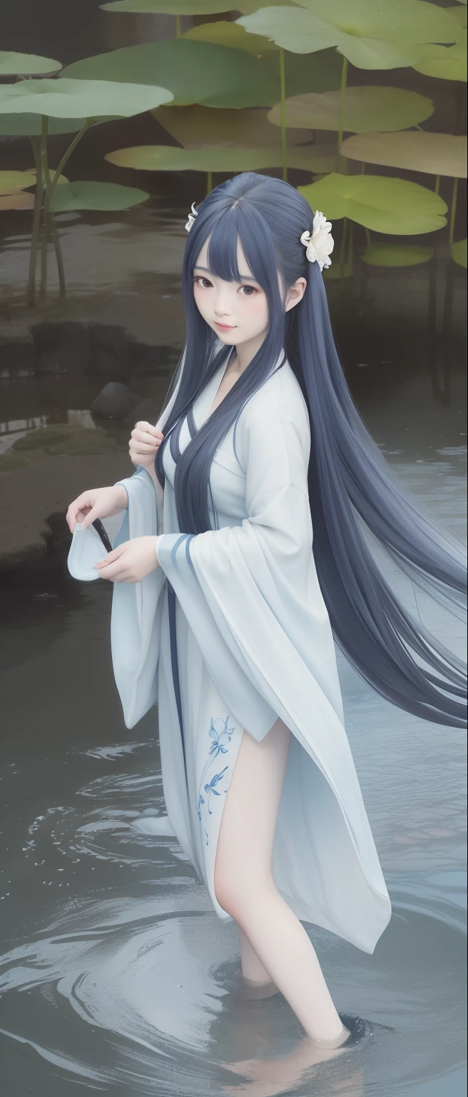 ((4k,masterpiece,best quality)), shuimobysim, traditional chinese ink painting, lotus, hanfu, maxiskit, dress conservatively 1girl, solo, long blue hair, smile, standing, feet in the water, barefoot,