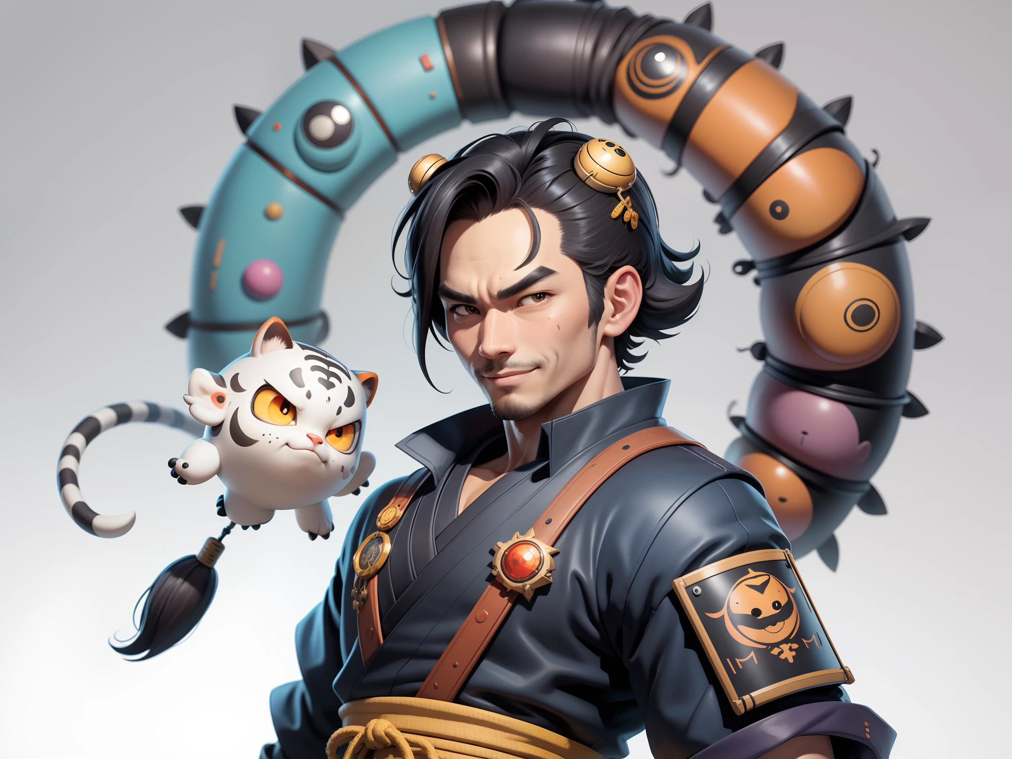 (Daisaku),(Need),(Super meticulous),(full bodyesbian:1.2),Super young man with Japanese geisha,Beautiful,orient,one tiger,Aeolian Thor,Raised sexy,爆乳,Oriental face,TV Anchor,Bust portrait illustration,In black suit,a blue tie,The face is slightly chubby,The face was clean,without a beard,Black super short hair,Black eyes,Smile confidently,3C computer sub-products,iPad, iphone,Digital painting,3D character design by Mark Clairen and Pixar and Hayao Miyazaki and Akira Toriyama,The illustration is a high-definition illustration in 4K resolution,With very detailed facial features and cartoon-style visuals。