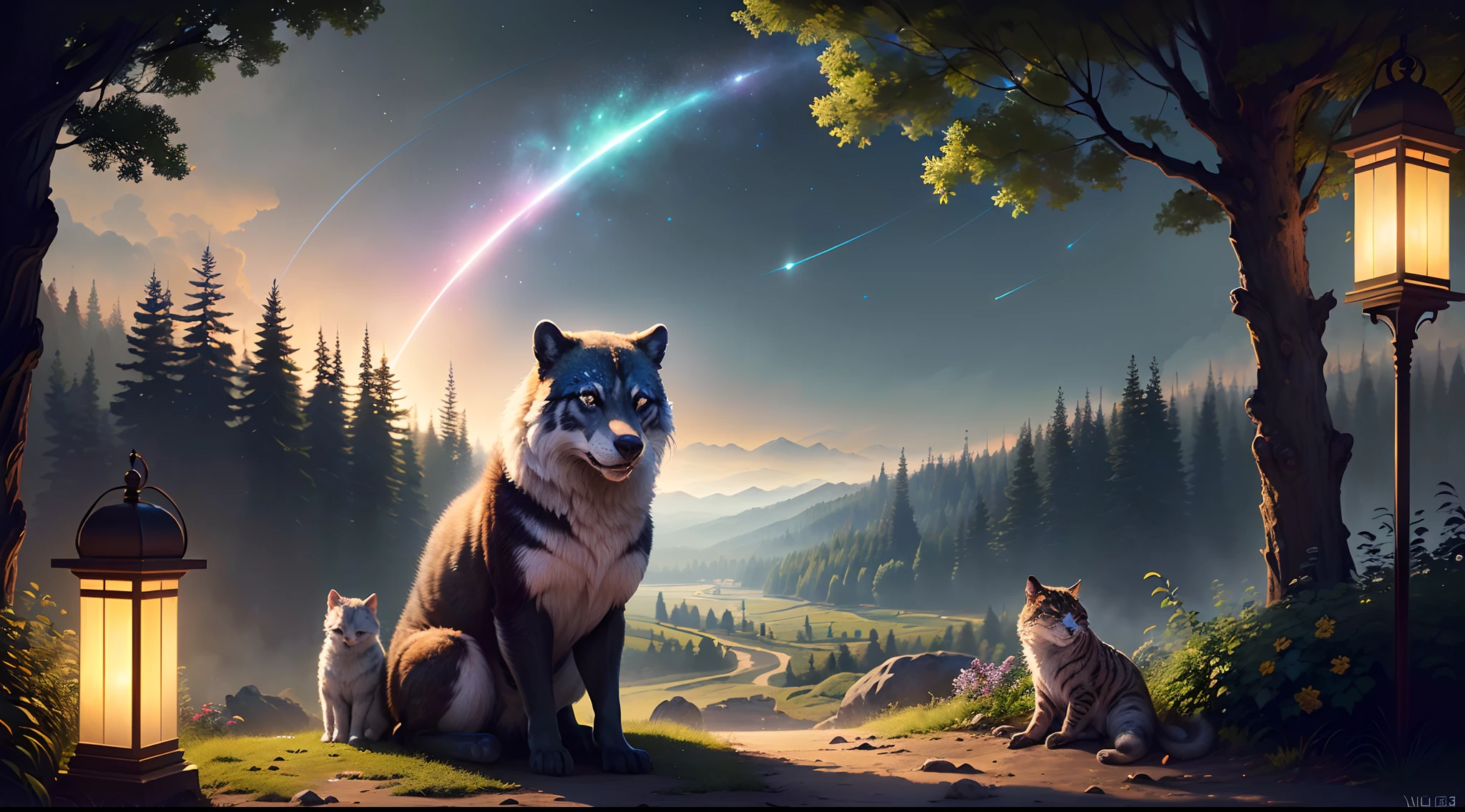 ((melhor qualidade)), ((obra-prima)), (detalhado), Uma clareira iluminada por vaga-lumes, cercada por flores que brilham suavemente. muitos animais da floresta, lobos, corujas, cavalos, ursos, Gather in harmony. The scene is serene and welcoming, Resembling a secret sanctuary in the forest, (Fantasy Illustration: 1.3), olhar encantador, pose cativante, charme sobrenatural, mystical sky, (Luis Royo:1.2), (Yoshitaka Amano:1.1), noite de luar, cores suaves, (paisagem de nuvens detalhada:1.3), (alta resolução:1.2)